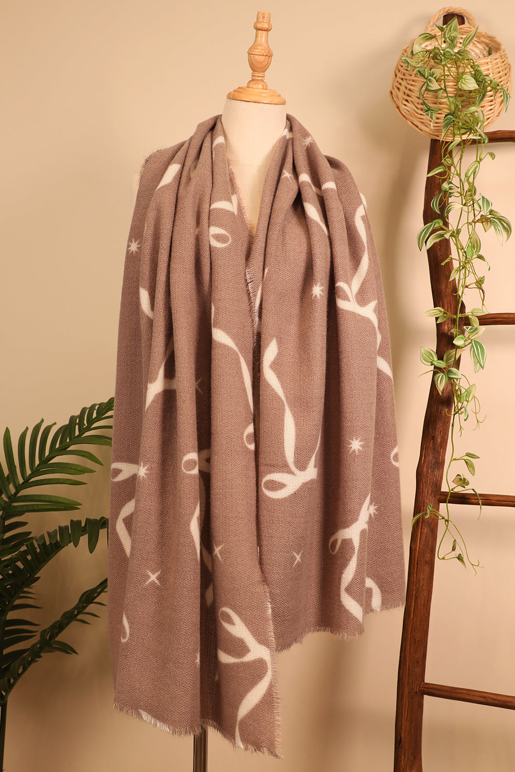 Bow Print Raw Edge Lightweight Scarf Shewin