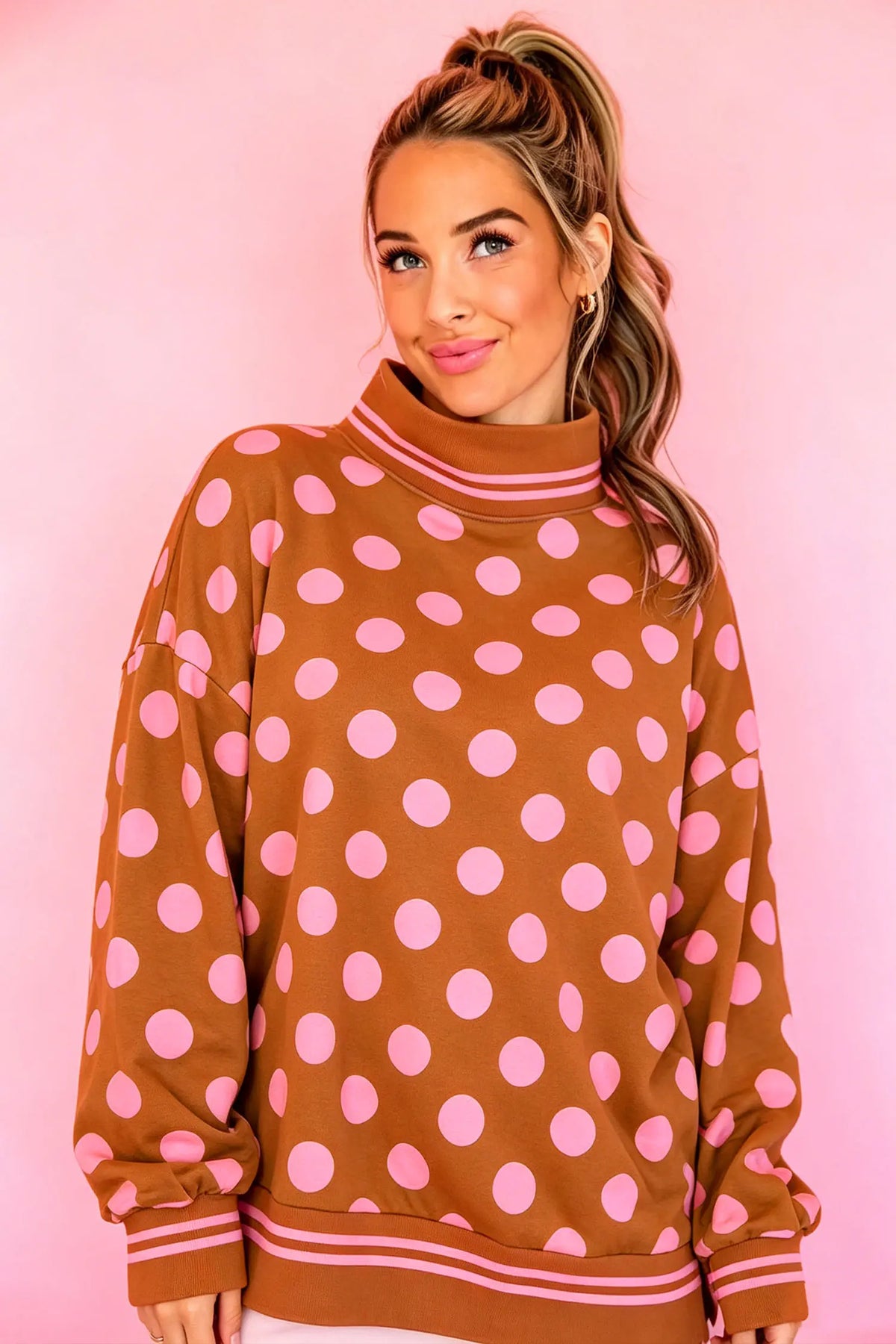 Mock Neck Sweatshirt - Polka Dot Striped Trim