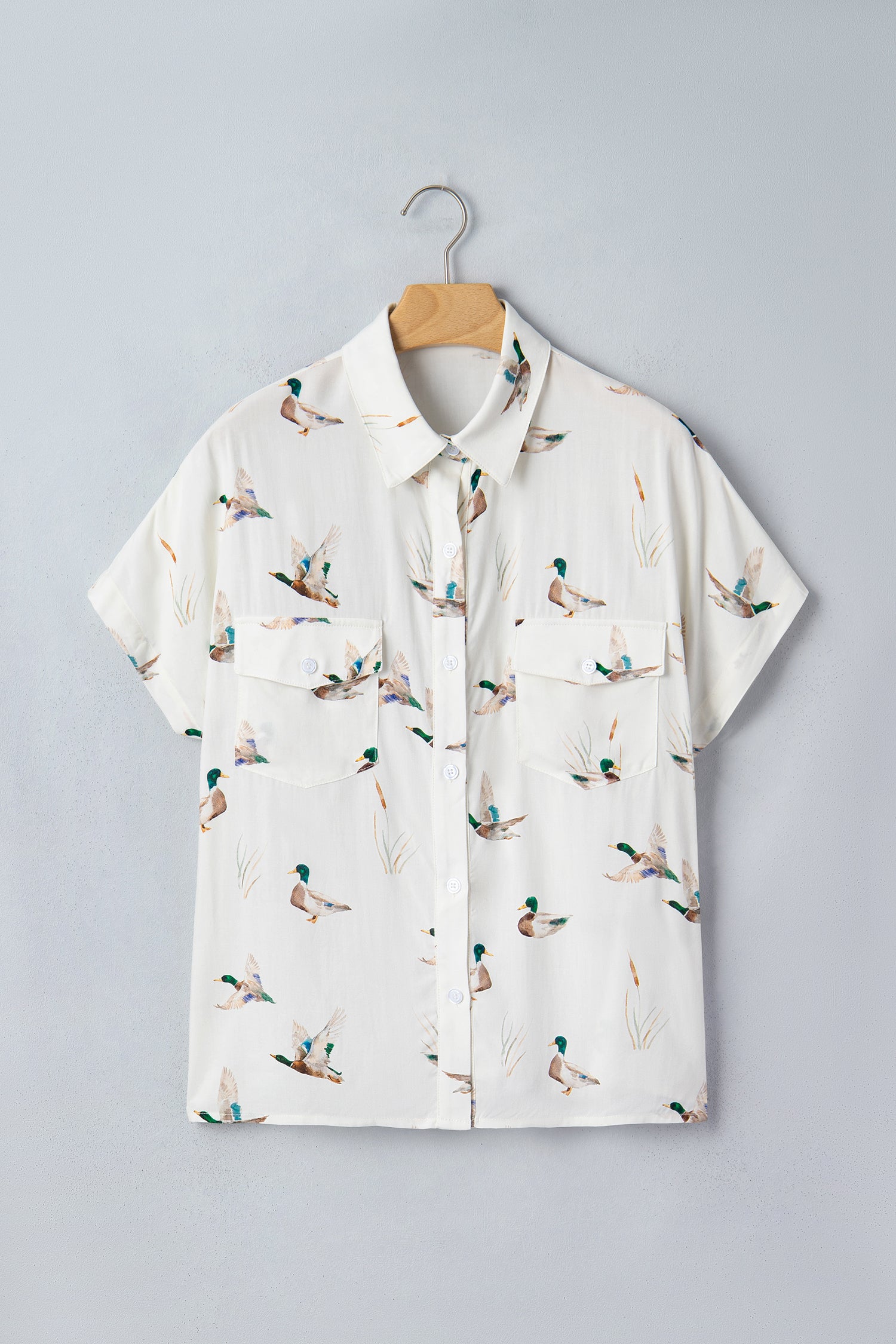 Mallard Printed Button Flap Pocket Short Sleeve Shirt – White