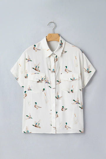 Mallard Printed Button Flap Pocket Short Sleeve Shirt – White