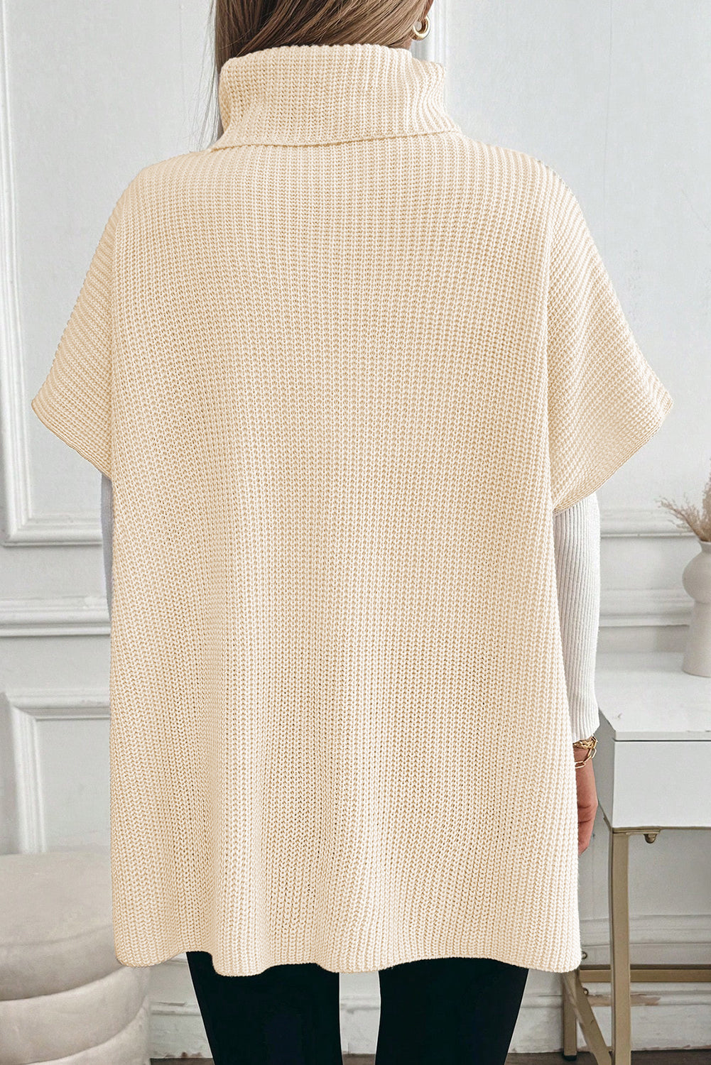 Plain Knit Casual Turtleneck Short Sleeve Tunic Sweater with Pockets - eAura