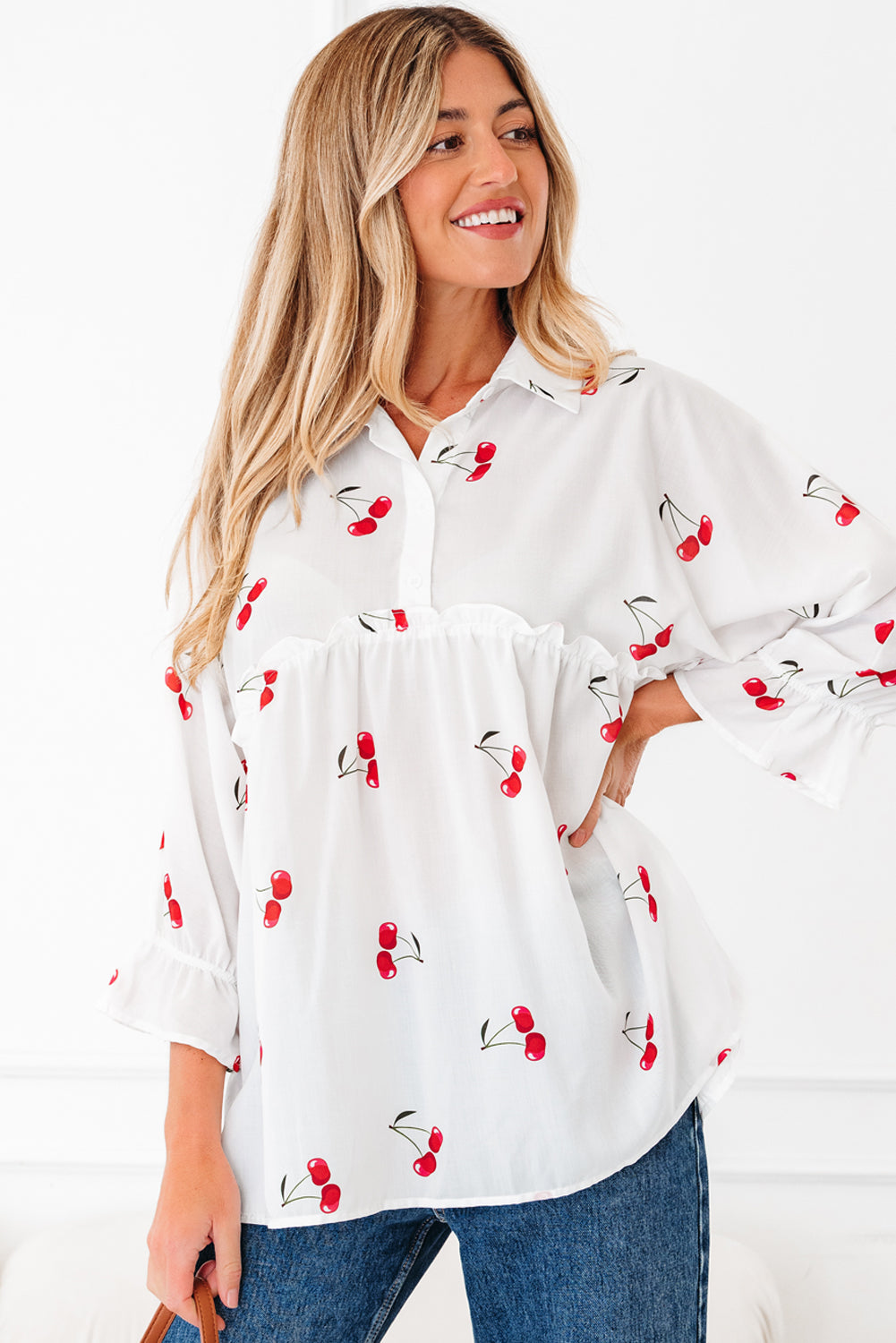 White Cherry Print Collared Frilled Babydoll Blouse - eAura