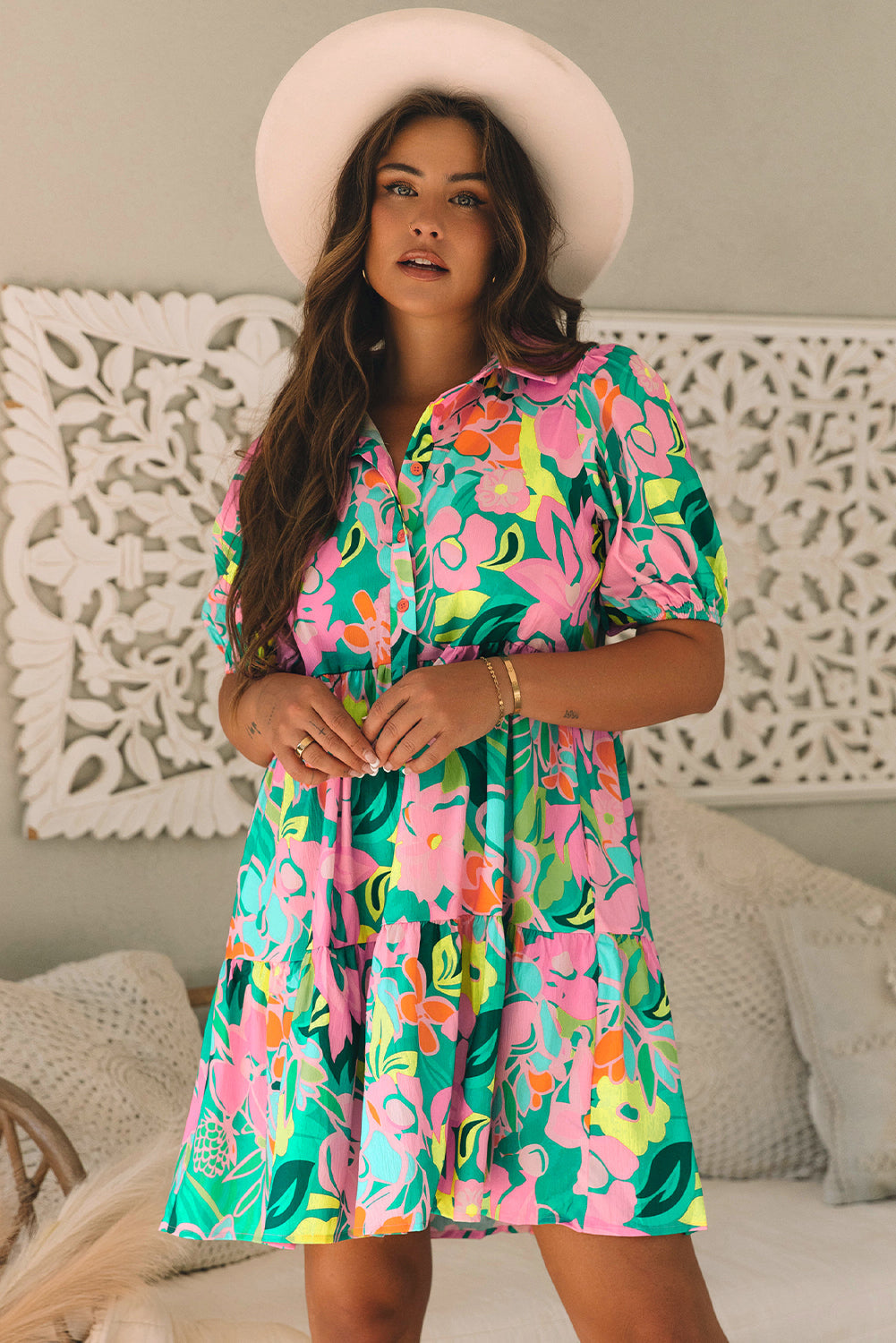 Green Floral Puff Sleeve Collar Buttoned Babydoll Dress eAura