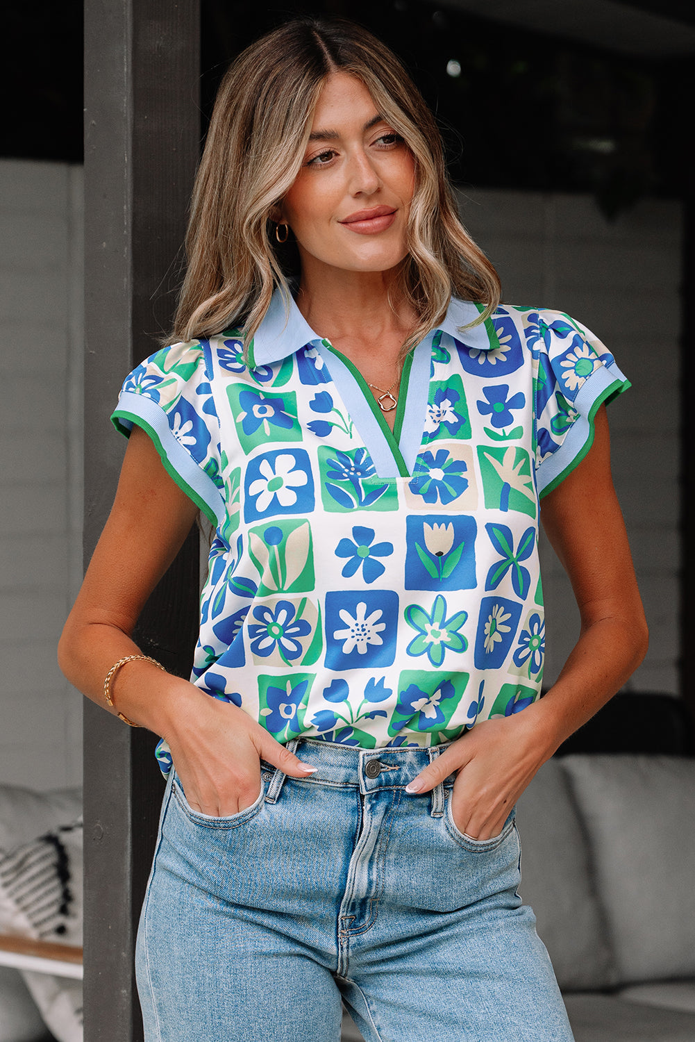 Green Floral Plaid Colourblock Trim Collar Flutter Sleeve Blouse eAura