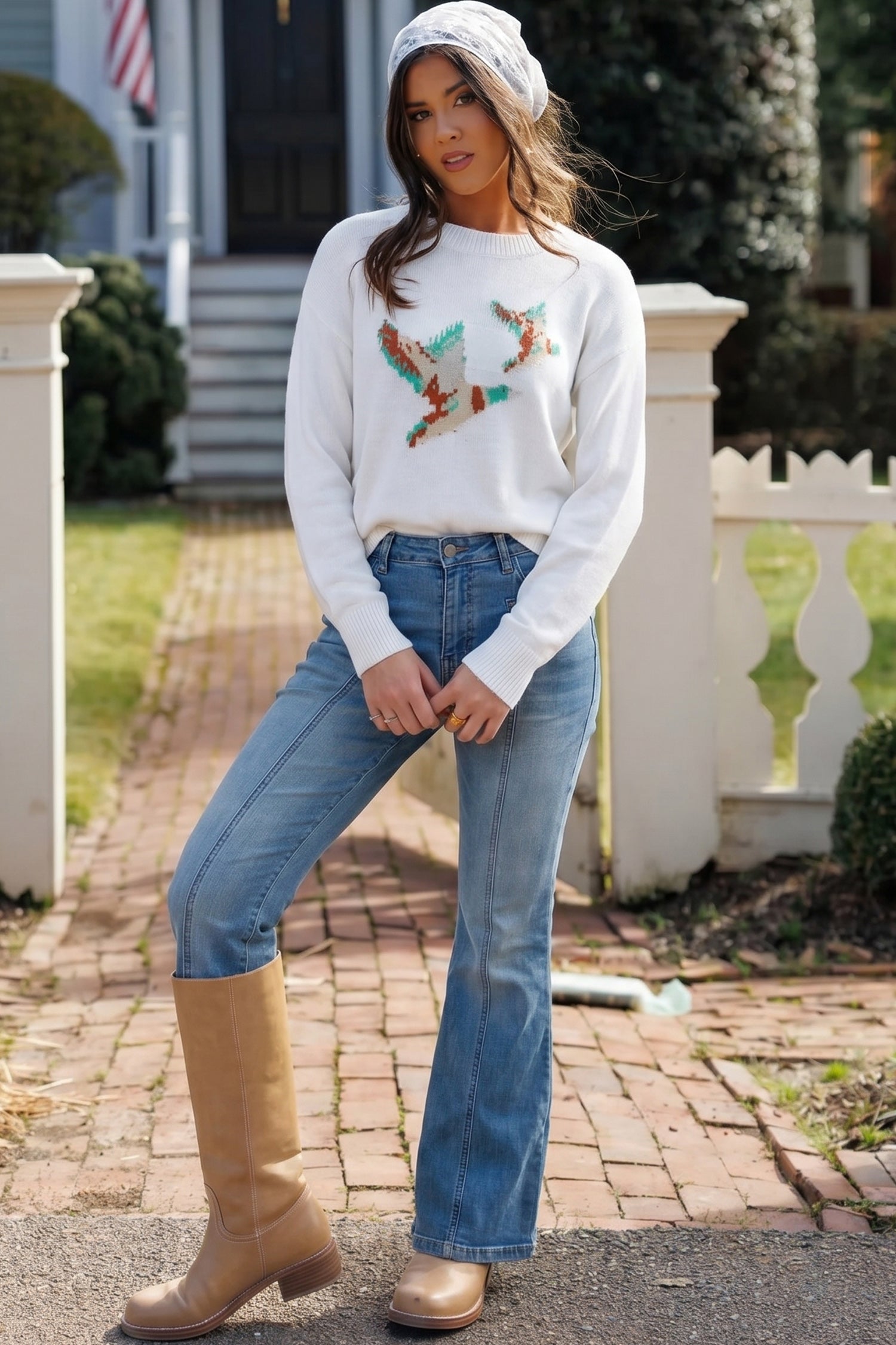 Retro Flying Mallard Pattern Drop Shoulder Pullover Sweater – White