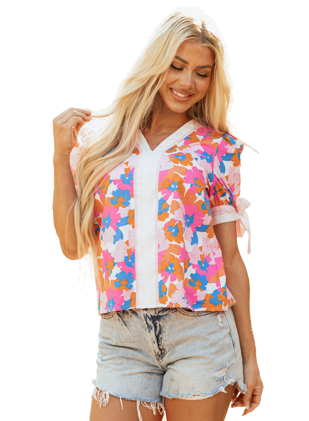 White Floral Striped Edge V Neck Knotted Short Sleeve Blouse eAura