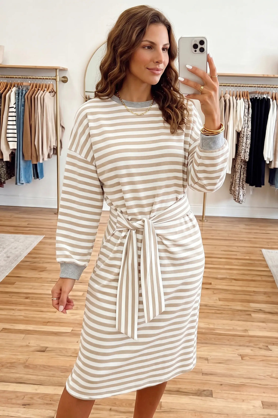 Striped Colourblock Cuffs Round Neck Long Sleeve Shift Dress – Khaki Stripe