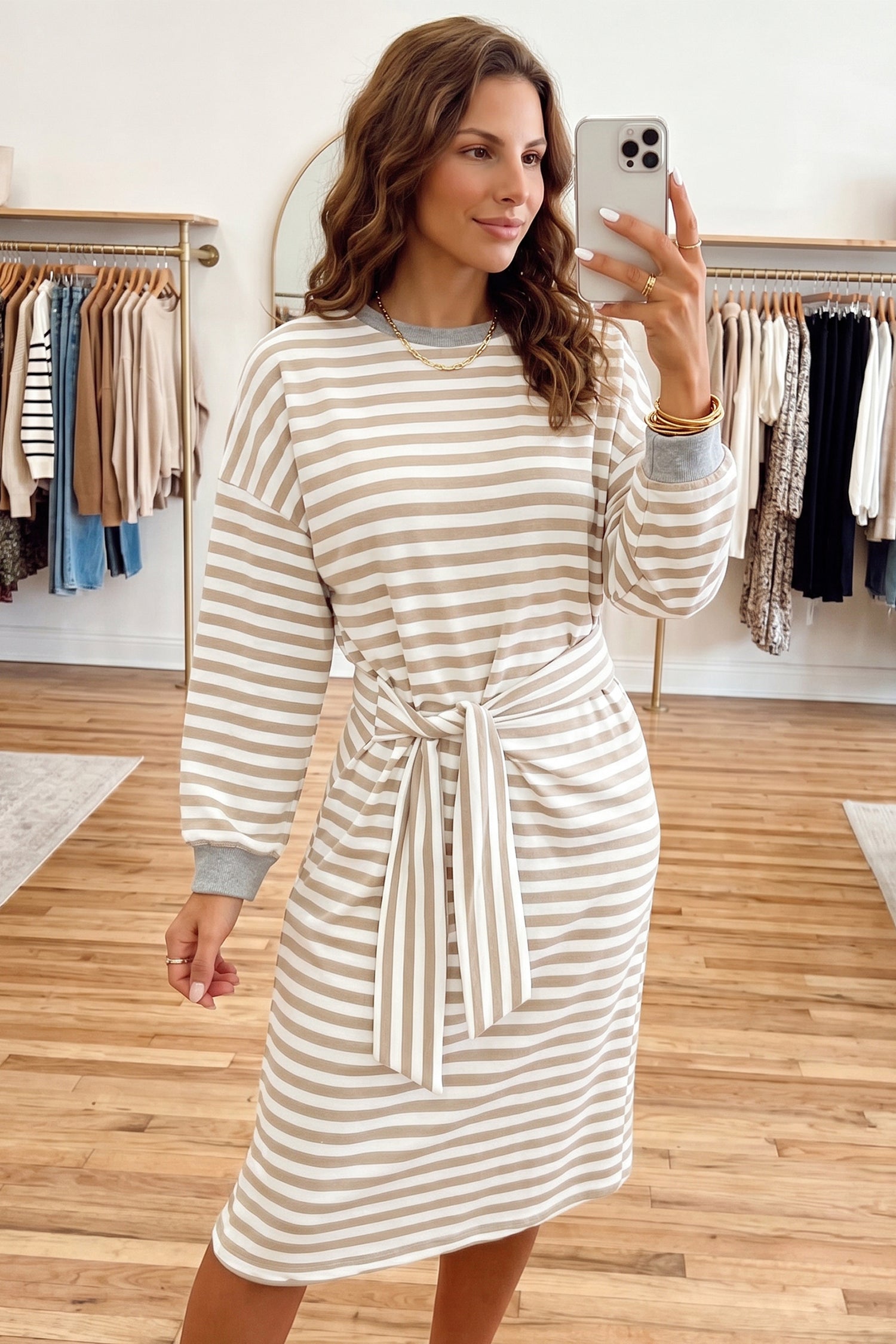 Striped Colorblock Cuffs Round Neck Long Sleeve Shift Dress – Khaki Stripe