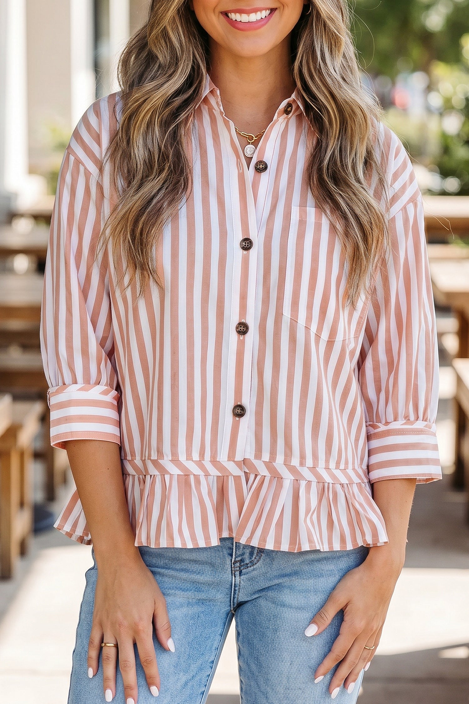 Button Front Ruffle Hem Bracelet Sleeve Shirt – Khaki Stripe