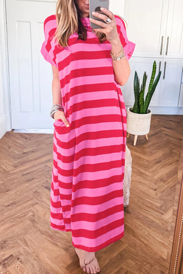 Cuffed Short Sleeve Pocketed Casual T Shirt Long Dress – Rose Stripe