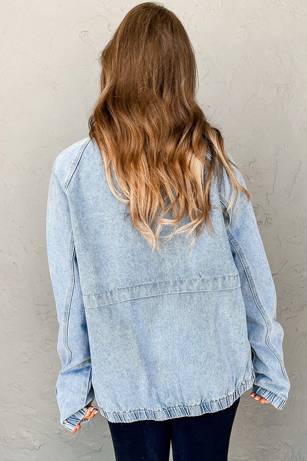 Blue Elastic Edge Collared Zip Up Denim Jacket With Pocket eAura