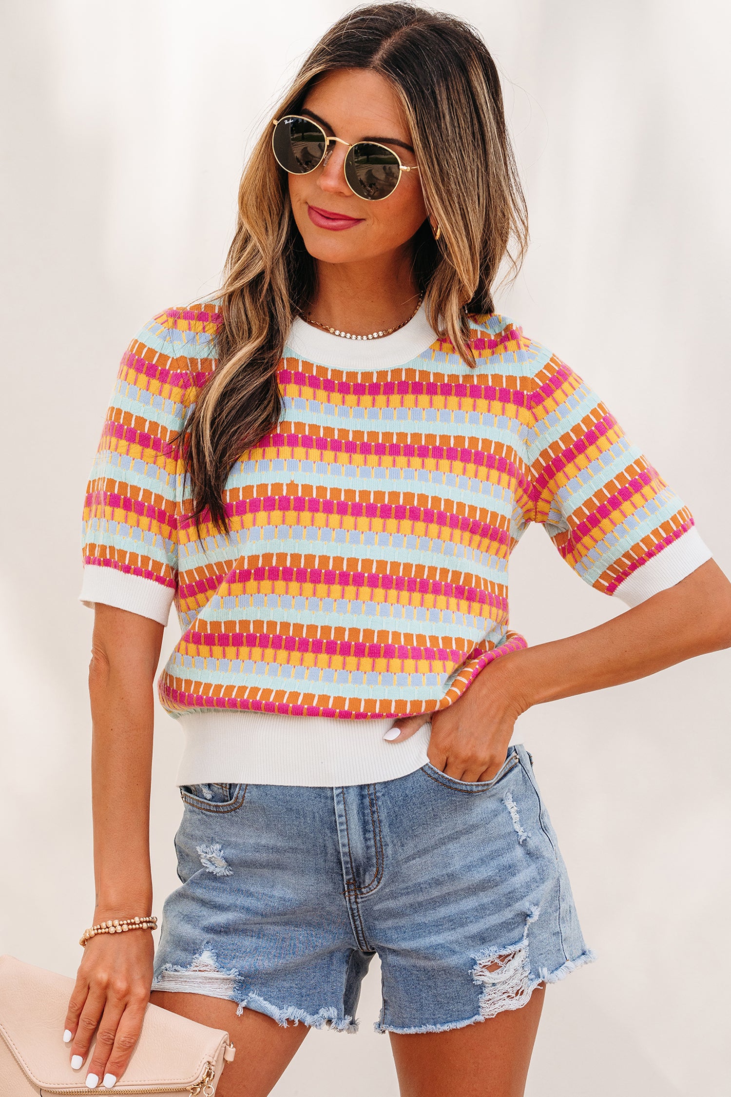 Abstract Striped Knit Short Sleeve Sweater
