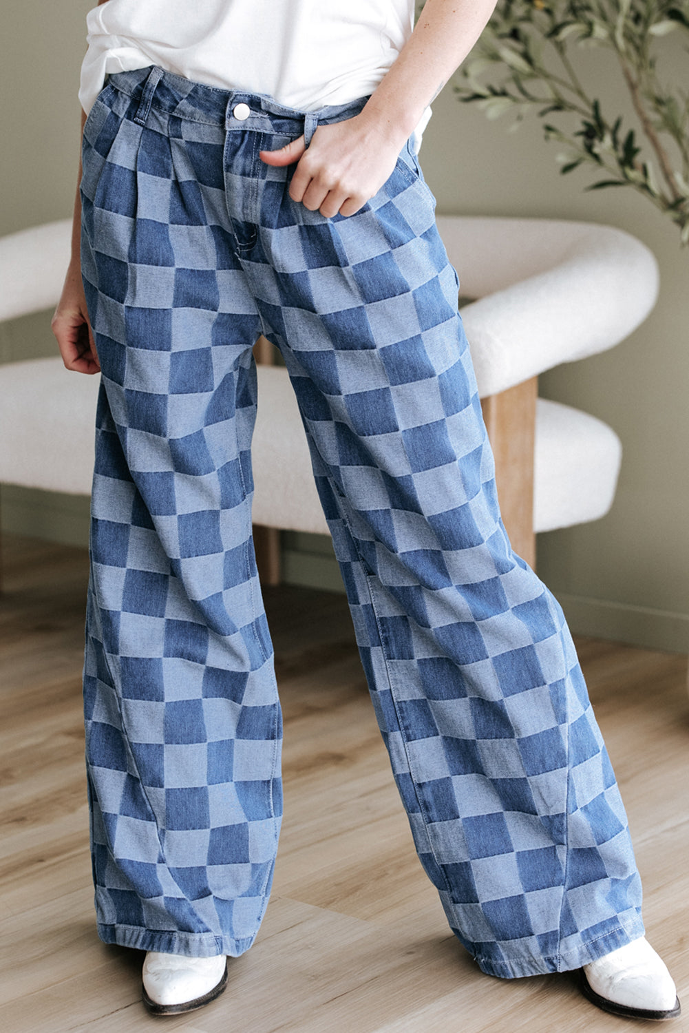 Dark Grey Checkered Denim Wide Leg Jeans eAura