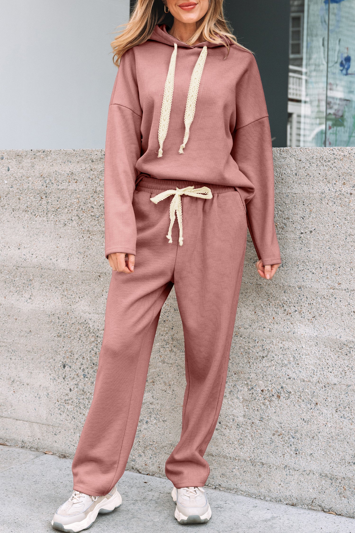 Pullover Hoodie and High Waist Bottoms Soft Cord Co-ord Set - eAura