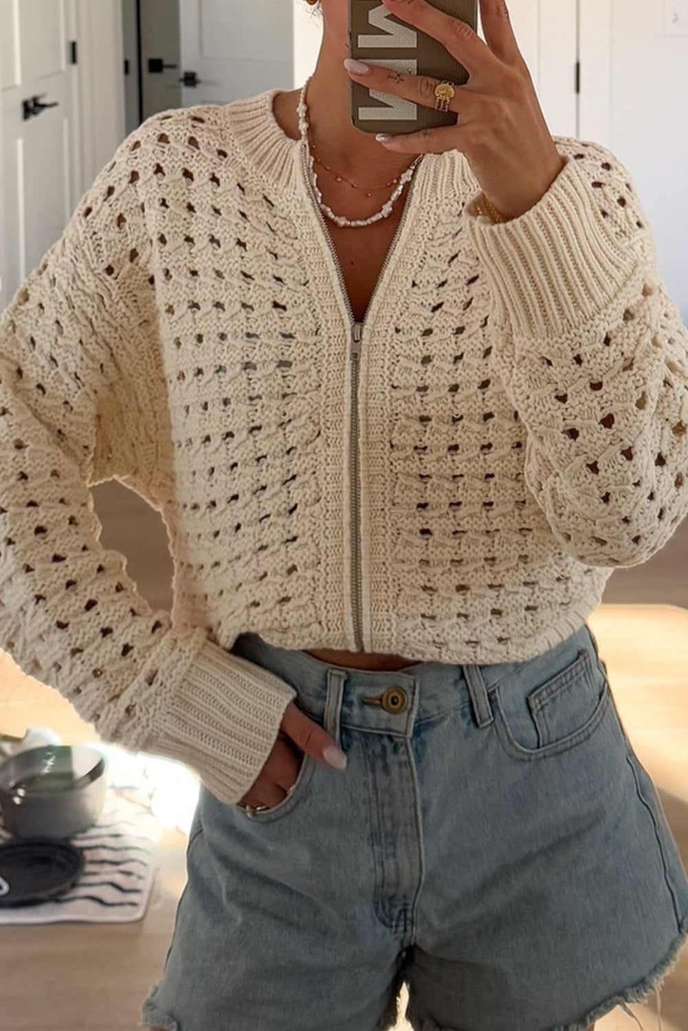 Beige Hollowed Pattern Knit Zip-Up Drop Shoulder Sweater Cardigan - eAura