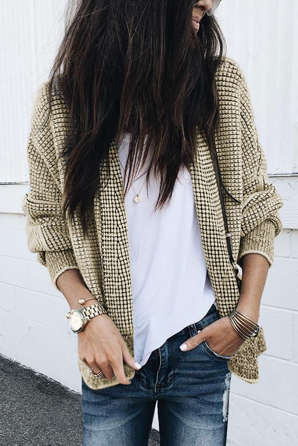 Black Plaid Contrast Trim Open Front Cardigan eAura