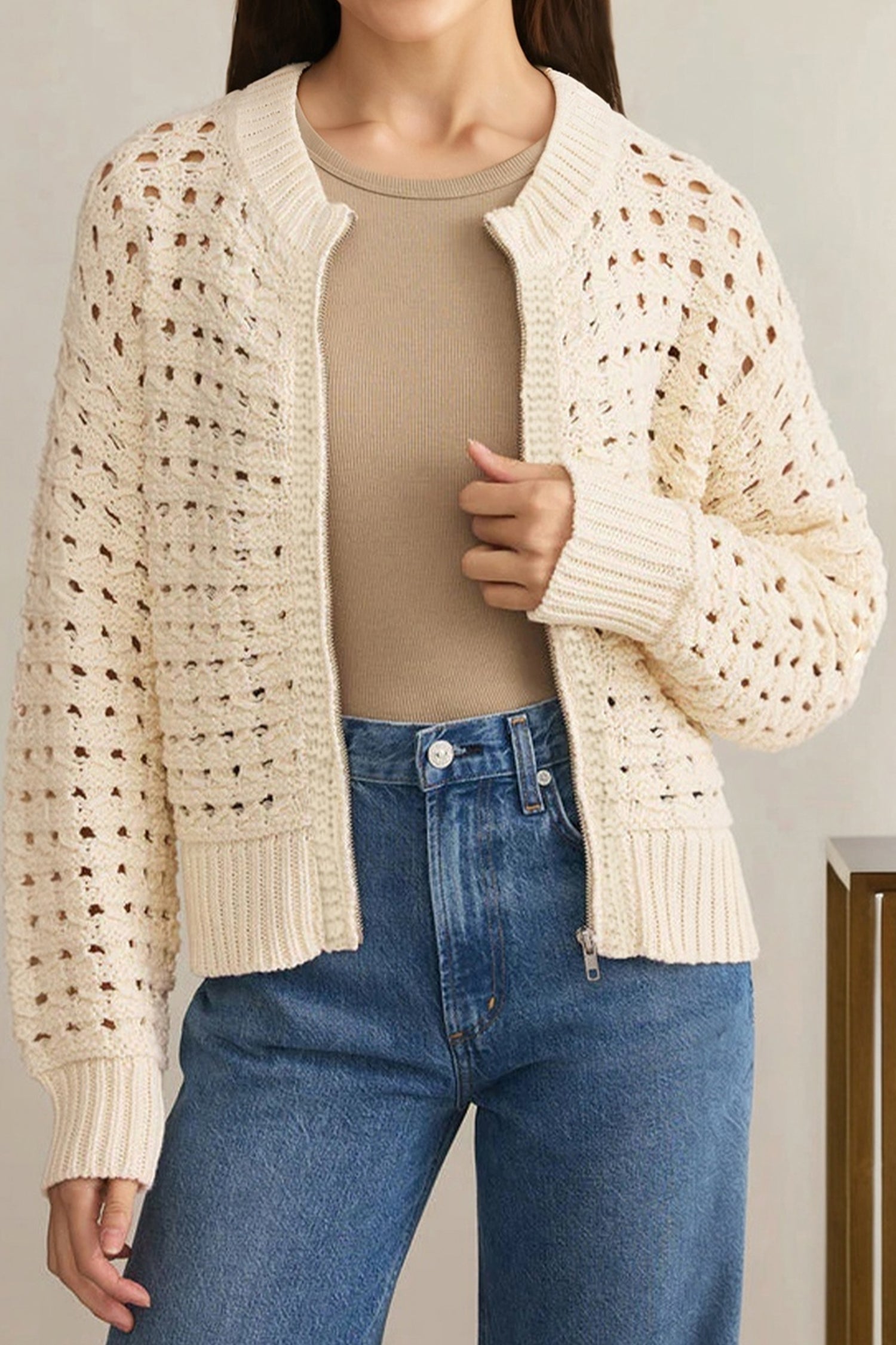 Beige Hollowed Knit Zip-Up Drop Shoulder Cardigan - eAura