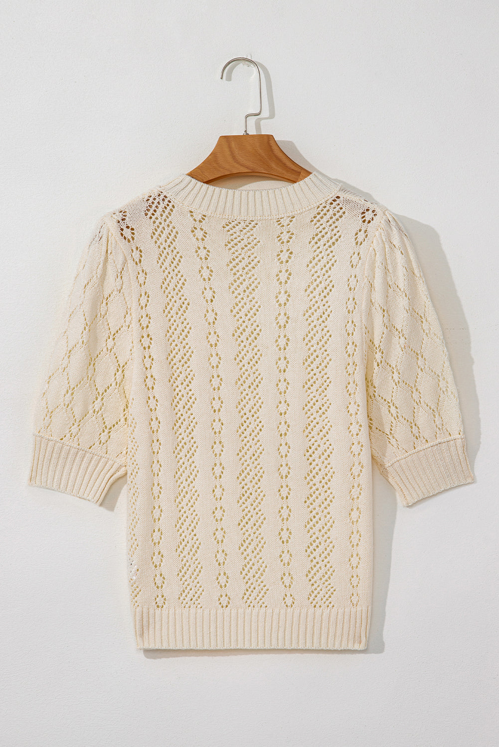 Beige Hollowed Pattern Knit Short Puff Sleeve Sweater eAura