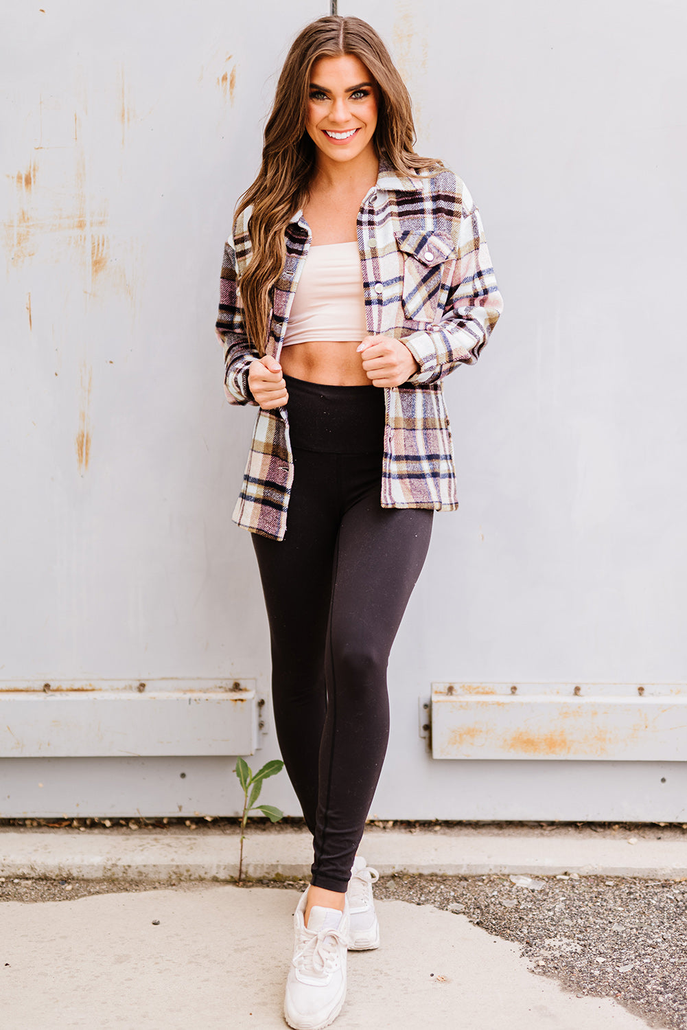 Pink Geometric Plaid Print Pocketed Shacket Beagle Boutique Fashion Outlet