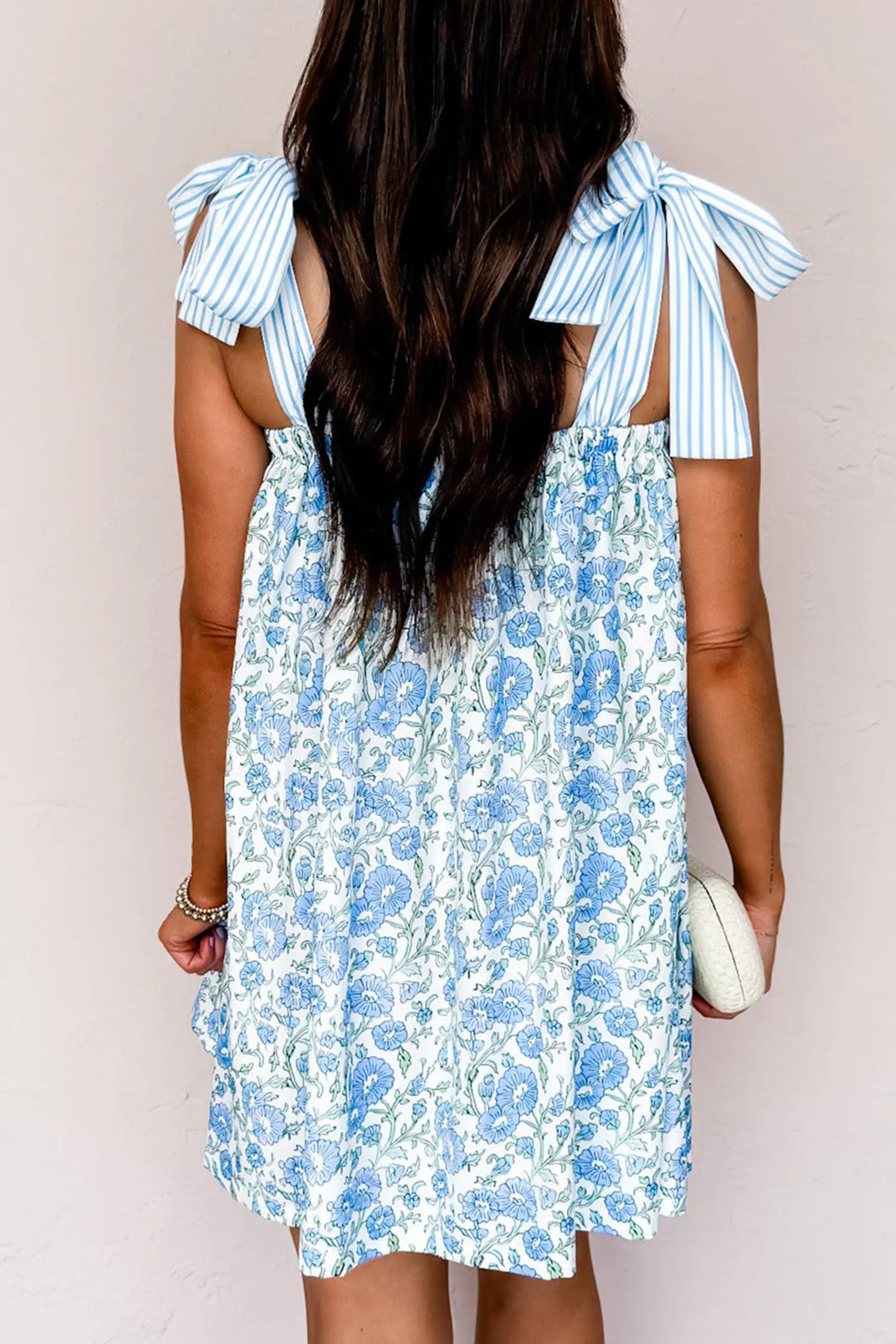 Floral Print Striped Patchwork Bow Knot Strap Mini Dress