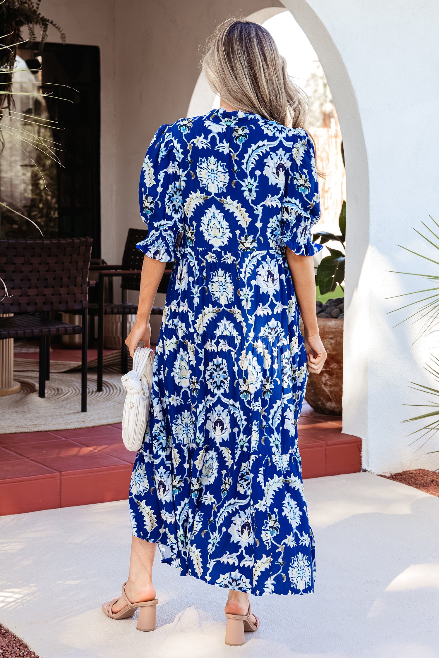 Wild Floral Print Frilled Collar Half Sleeve Long Dress