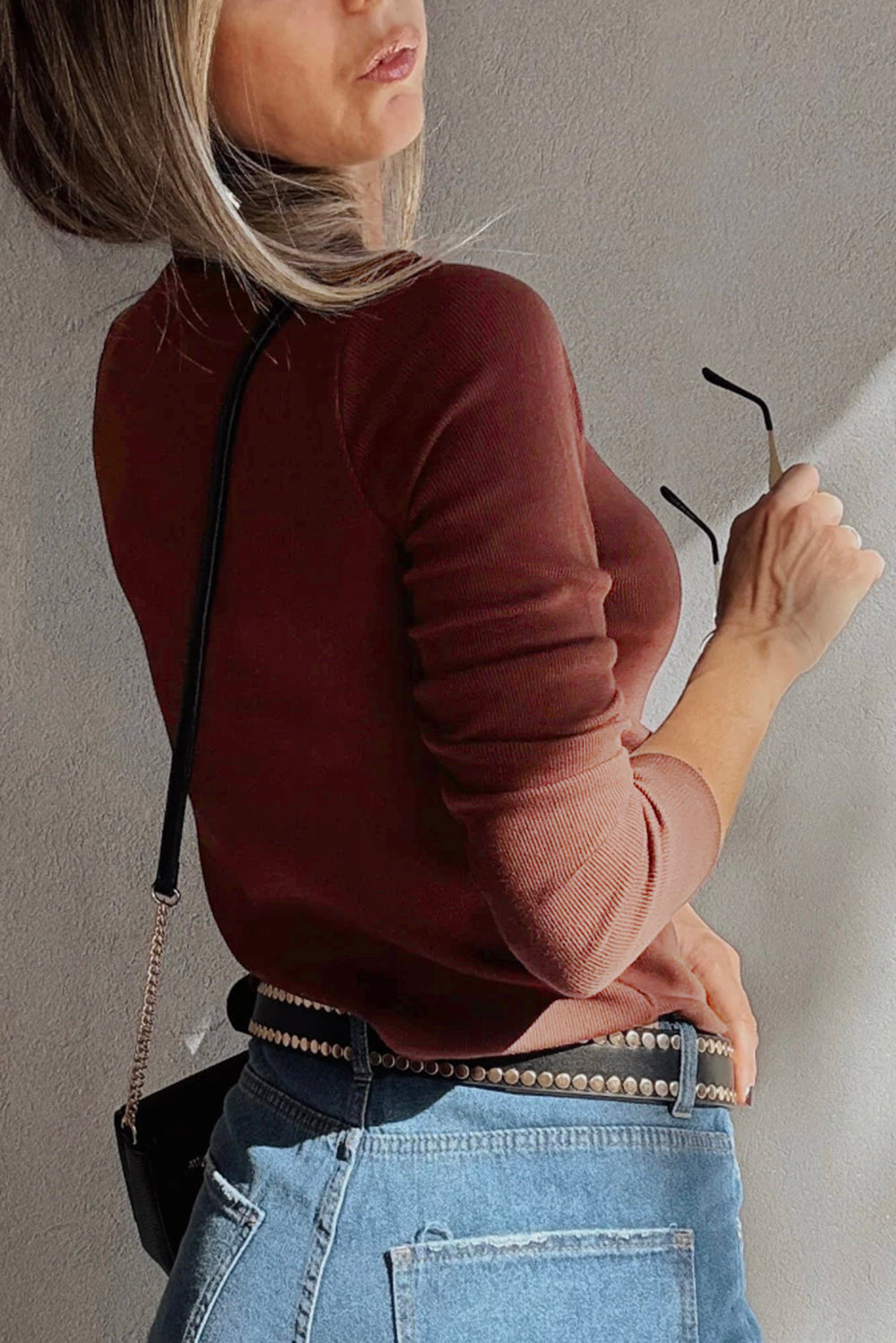 Gathered Bust Square Neck Ribbed Fit Long Sleeve Top - eAura