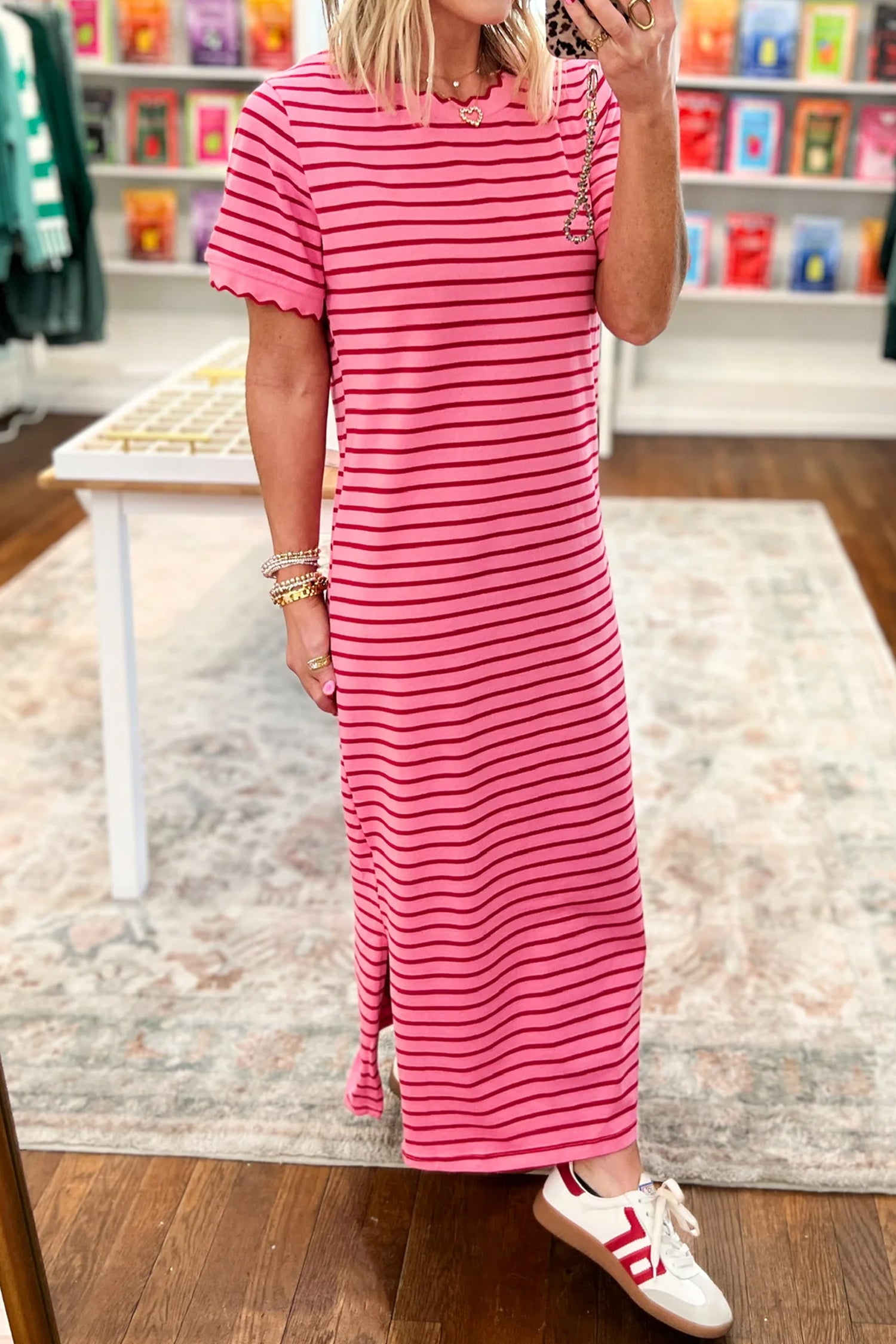Striped Short Sleeve Scalloped Trim Side Slit T-Shirt Dress – Rose Stripe