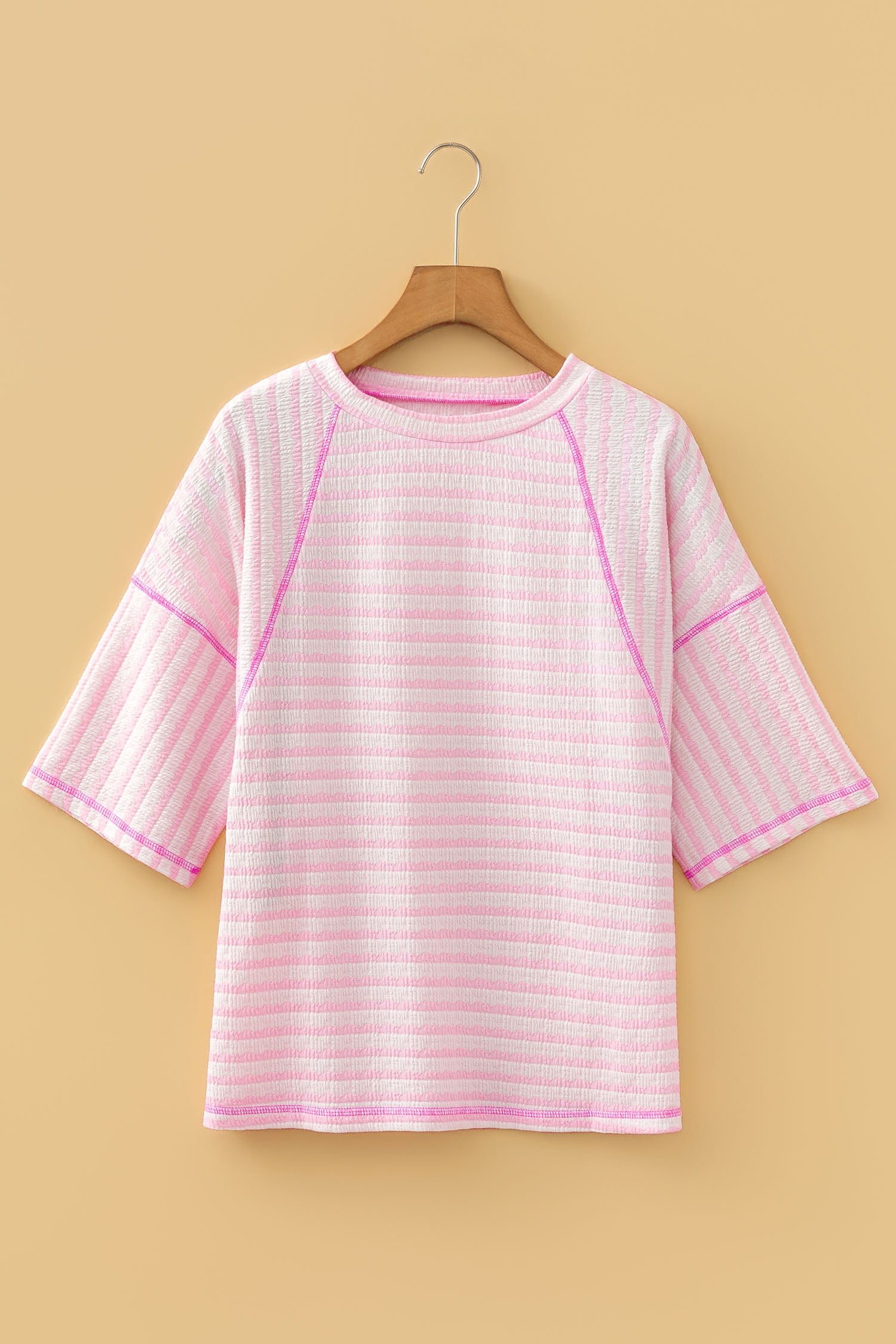 Striped Textured Knit Split Hem Half Sleeve Loose Top