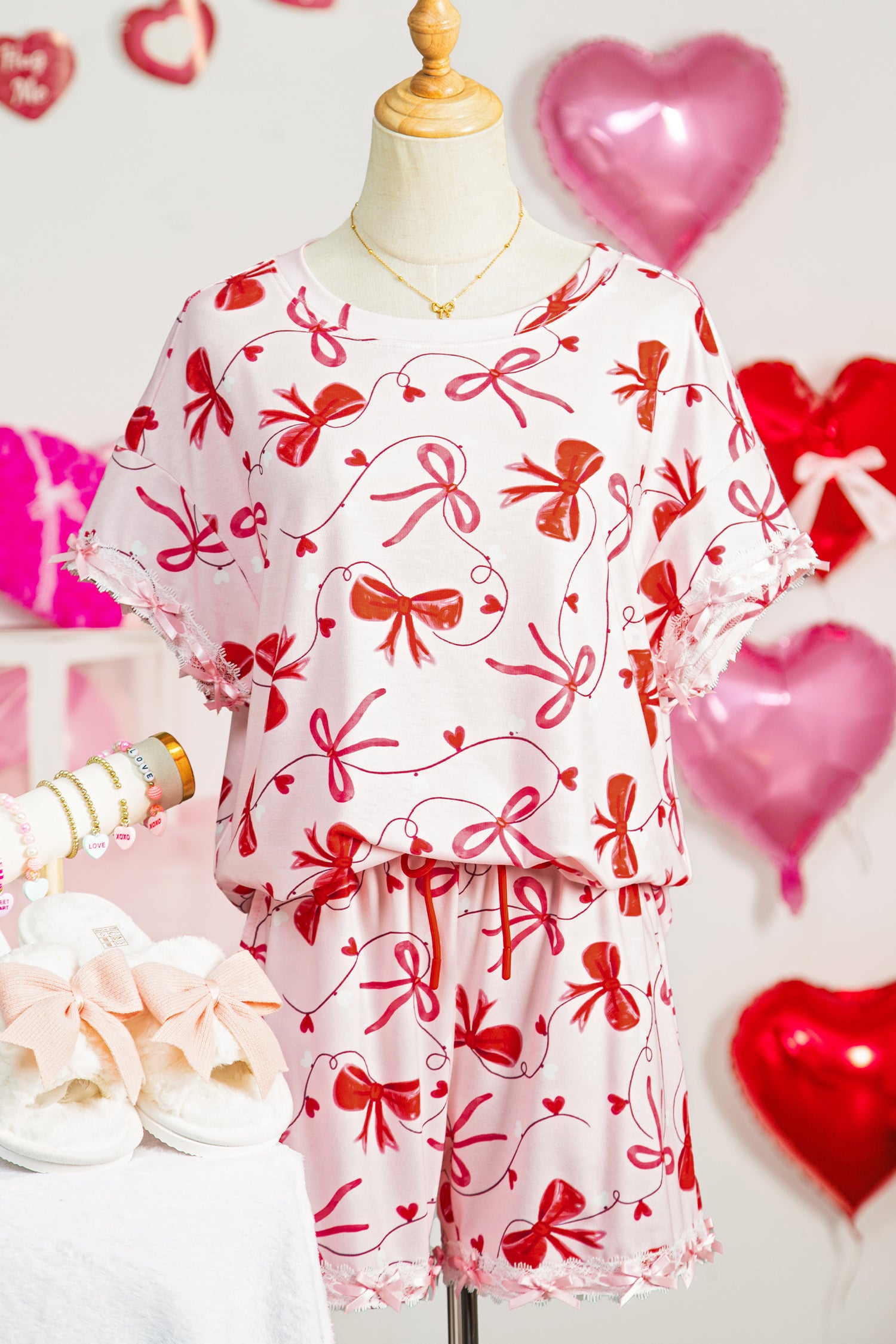 Romantic Bow Print Loose Tee Drawstring Shorts 2pcs Lounge Set – Red