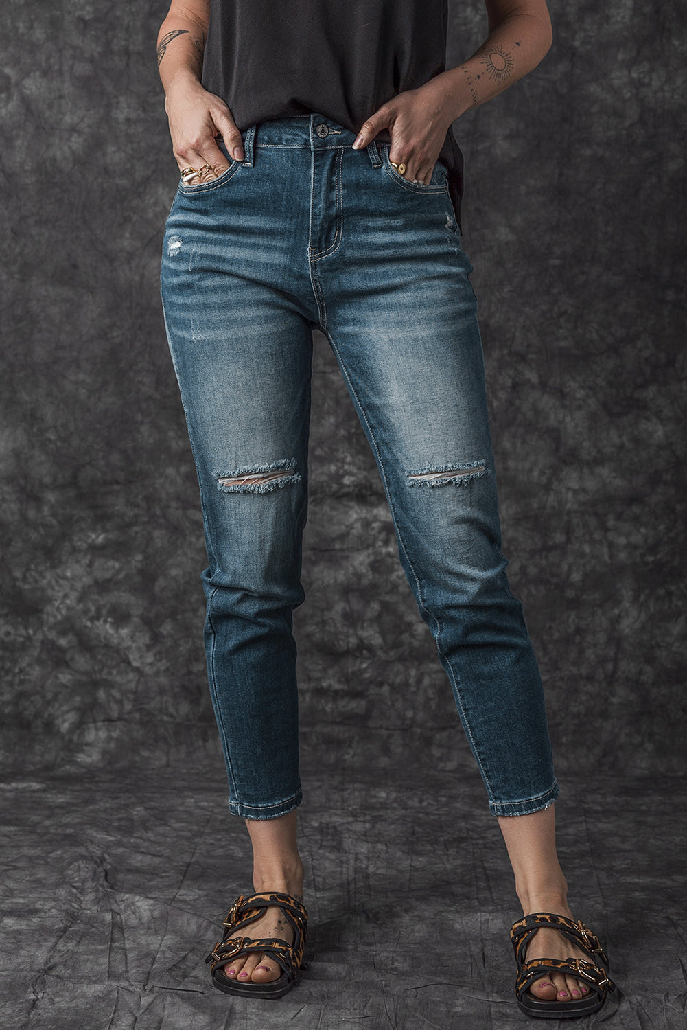 Blue Distressed Ripped Skinny Jeans Beagle Boutique Fashion Outlet