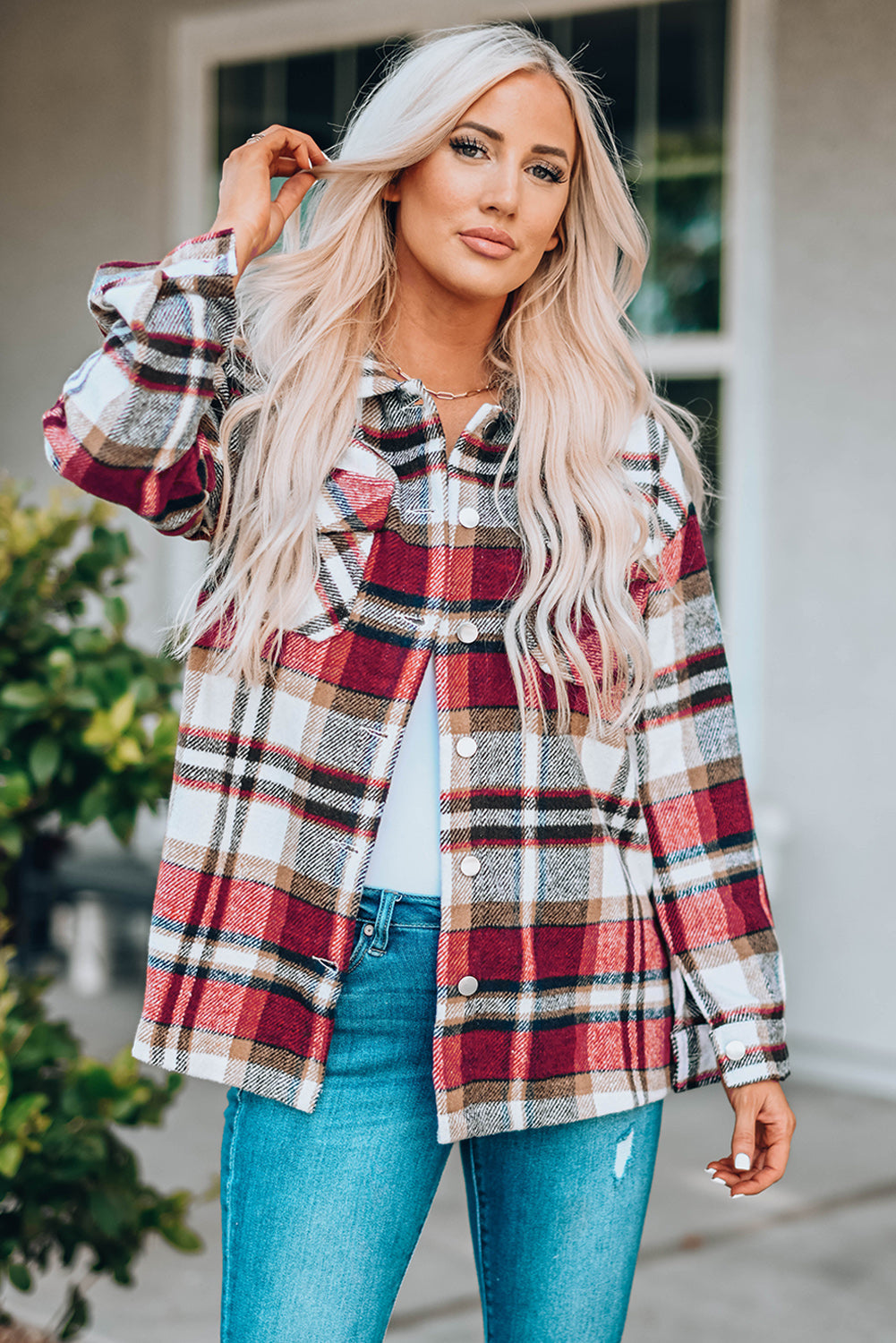 Geometric Plaid Print Pocketed Shacket eAura