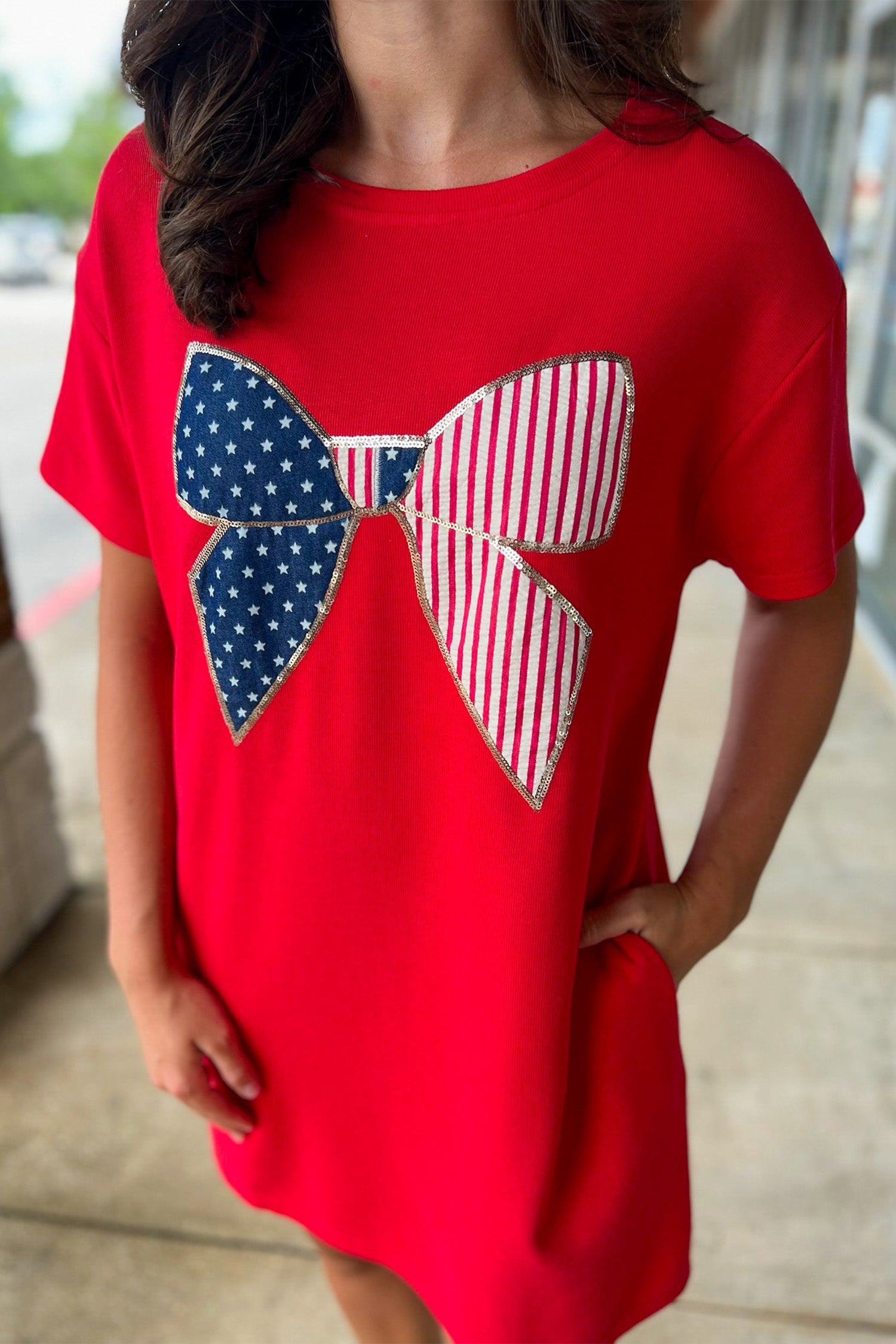 Red Sequin Trim Stars and Stripes Bow Patched T-Shirt Dress