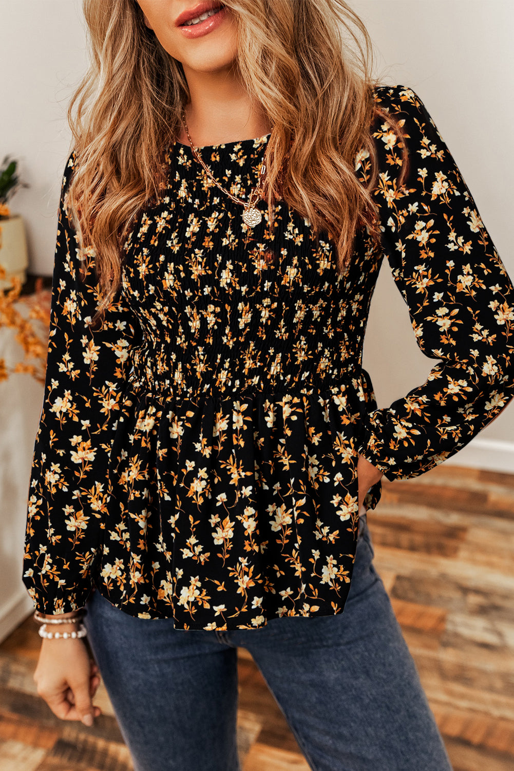Boho Floral Smocked Bust Ruffled Peplum Blouse