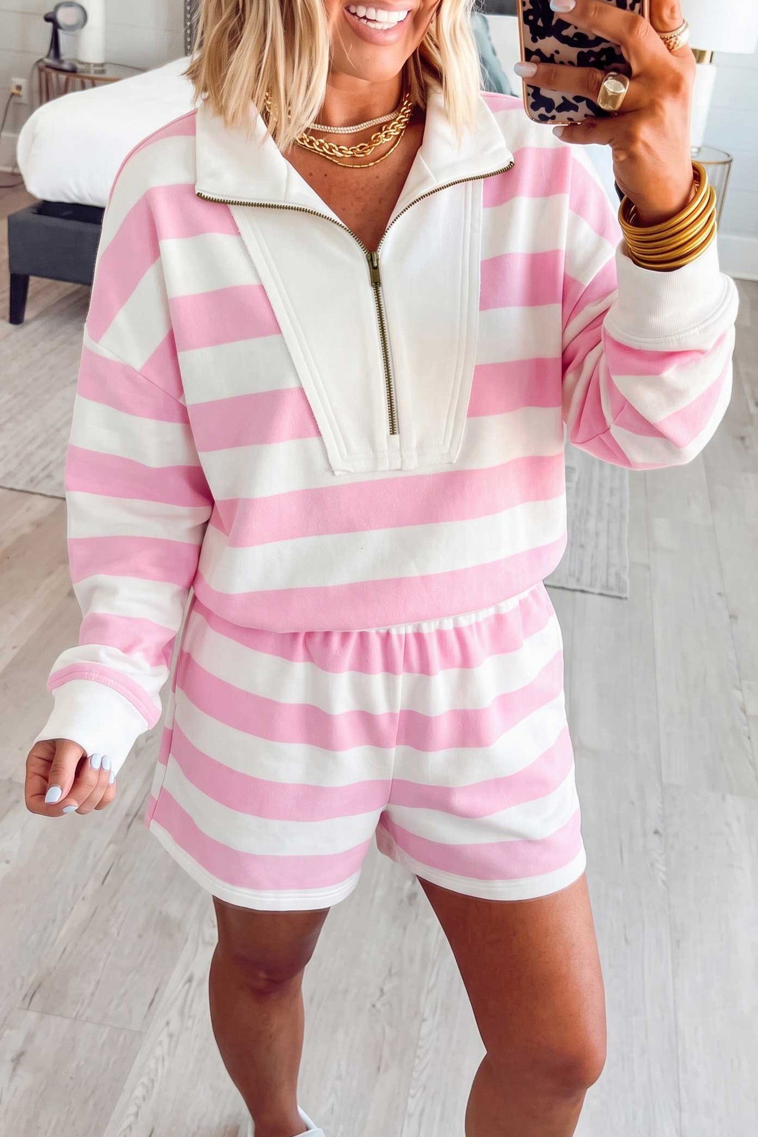 Patchwork Zipper Pullover Elastic Waist Shorts 2pcs Set – Pink Stripe