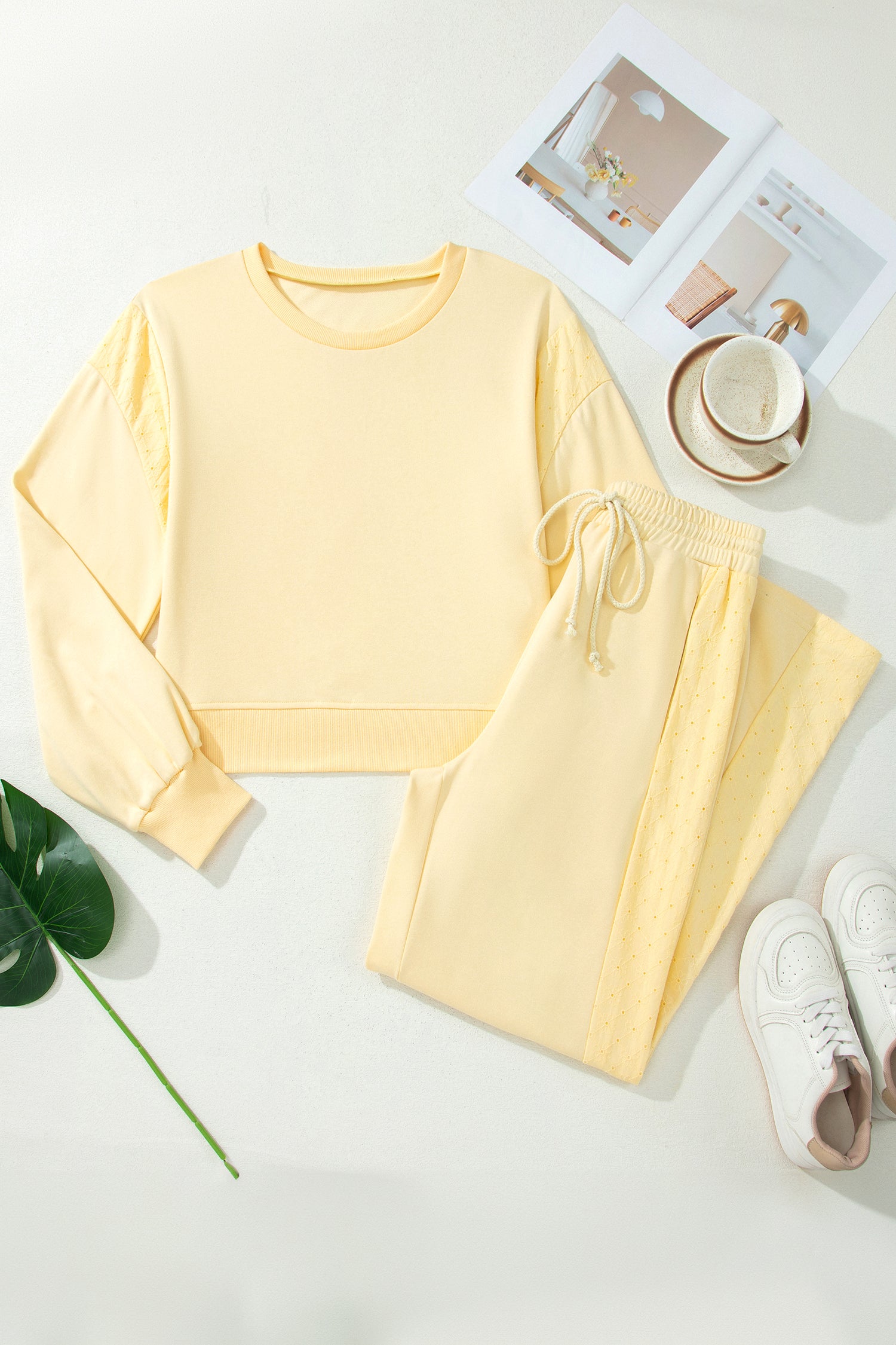 Eyelet Embroidered Lace Patchwork Cropped Pullover Drawstring Pants Set – Yellow Cream