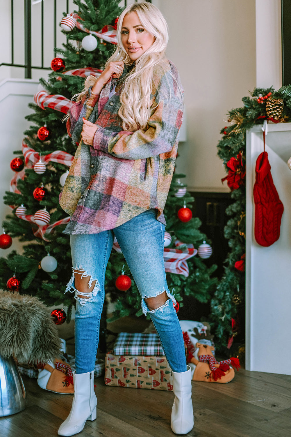 MultiColour Brushed Plaid Pocketed Oversize Shacket eAura
