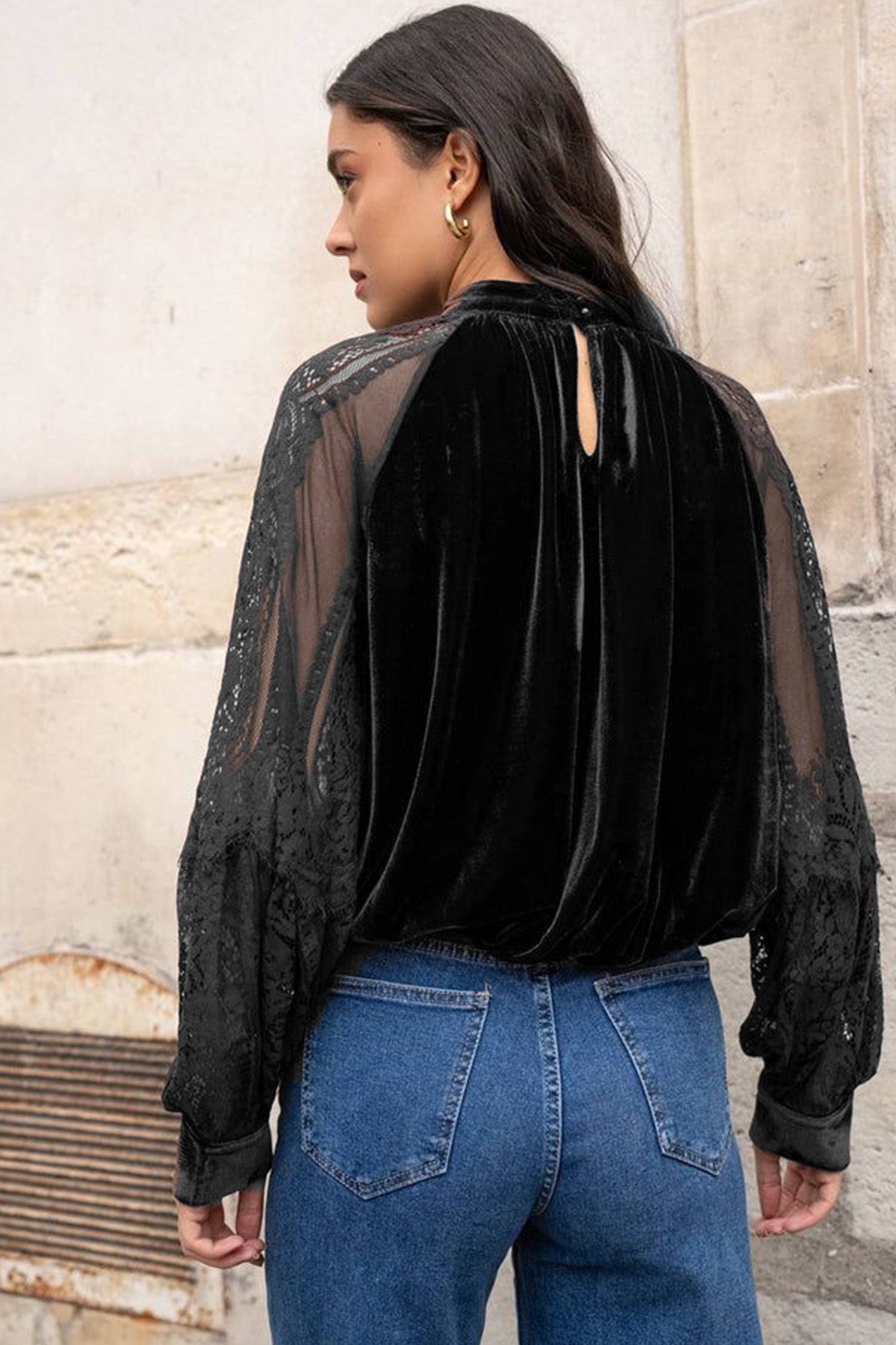 Solid Color Sheer Lace Long Sleeve Patchwork Stand Neck Velvet Blouse – Color Black