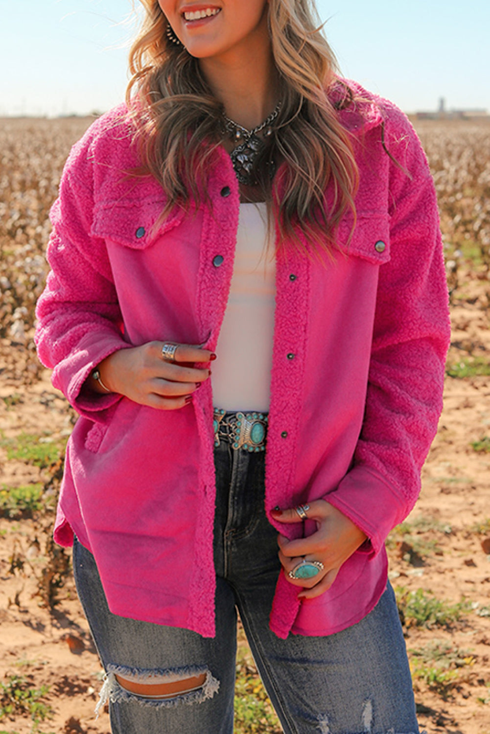 Bright Pink Faux Suede Sherpa Patchwork Button-up Shacket Beagle Boutique Fashion Outlet