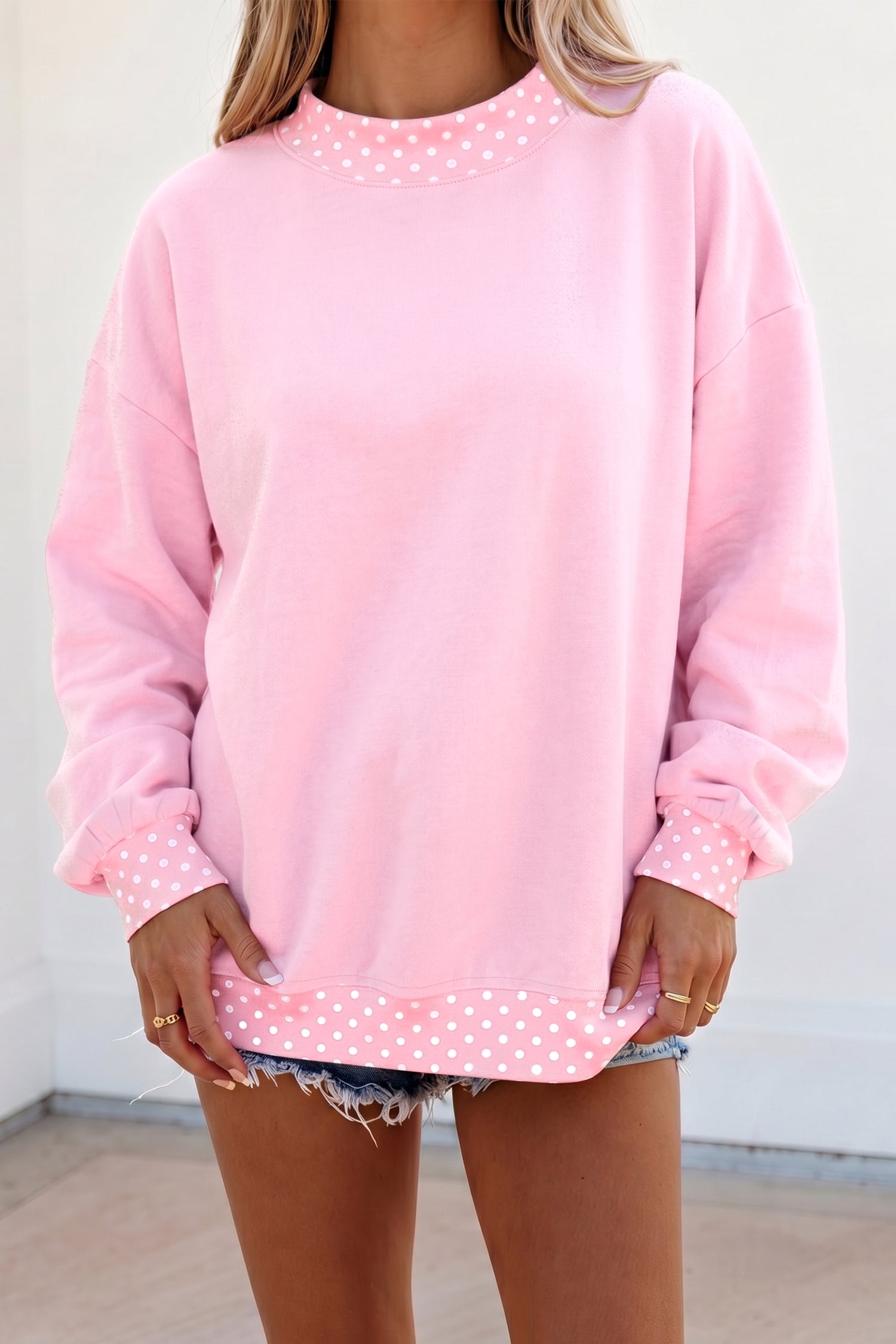 Colorblock Polka Dot Contrast Trim Oversized Sweatshirt – Red