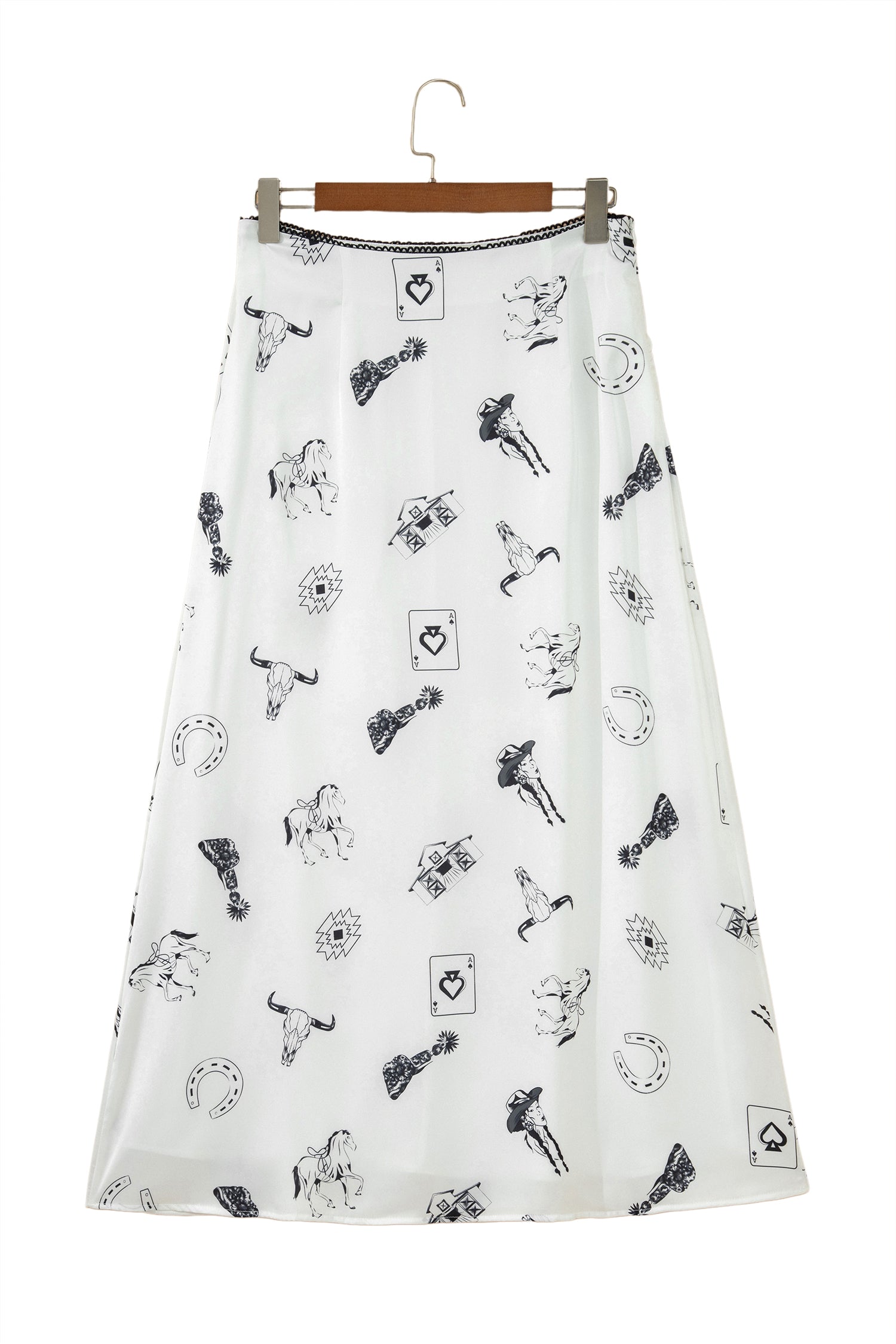 Western Print Satin Long Skirt – White