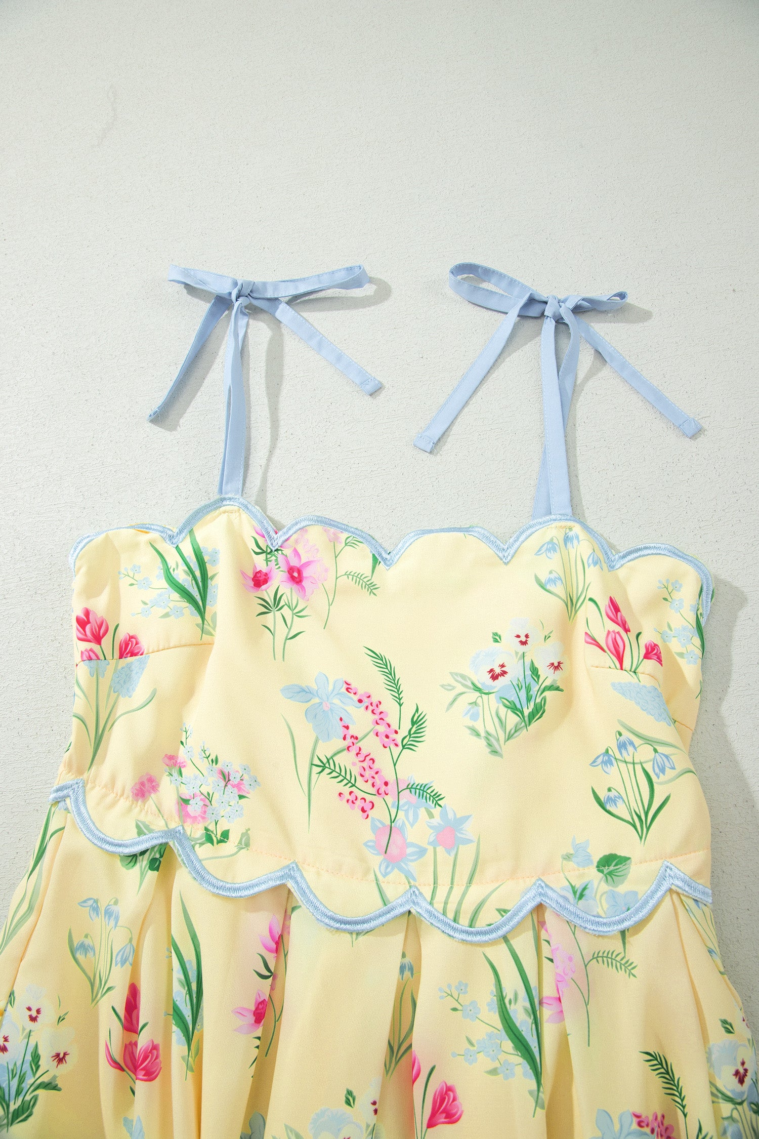 Floral Print Contrast Trim Self-Tie Straps Midi Dress