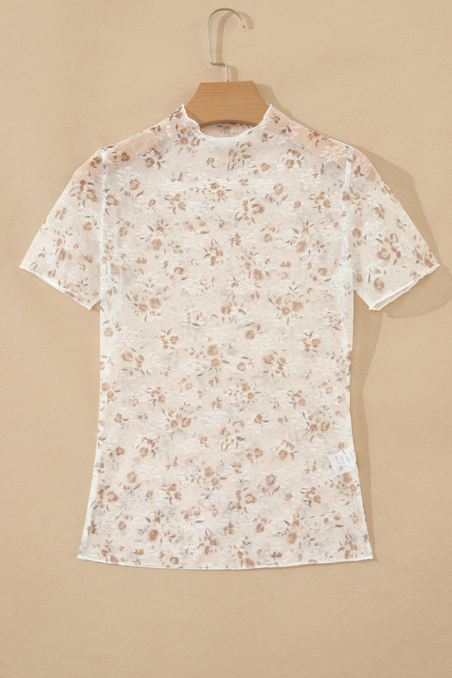 Mock Neck Short Sleeve Floral Mesh Top – White