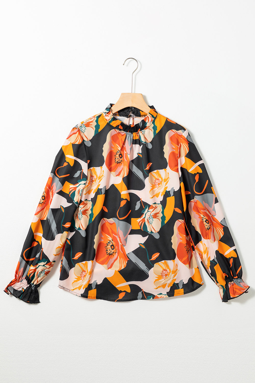 Floral Print Mock Neck Ruffle Sleeve Blouse – Black