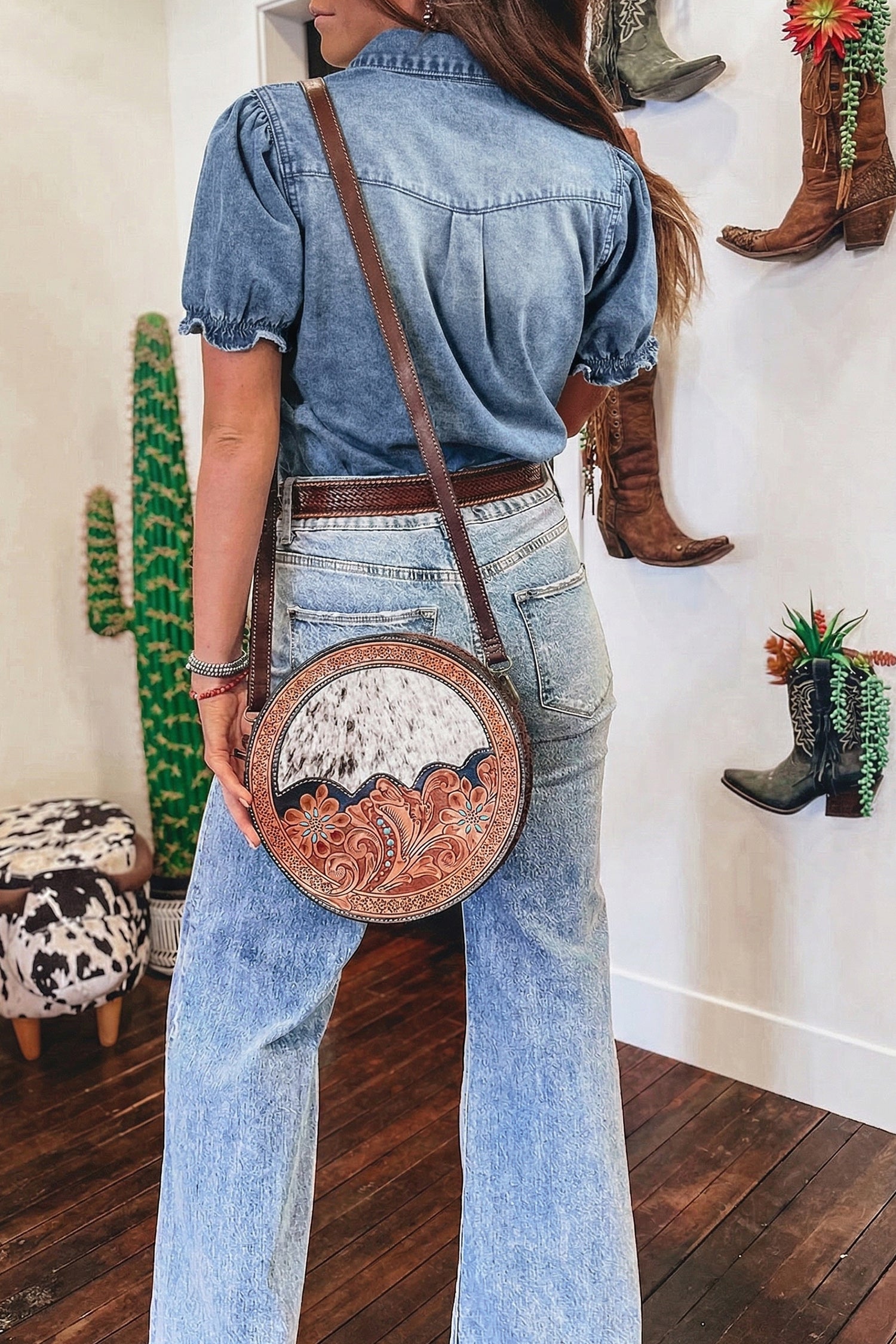 Frilled Short Sleeve Snap Button Denim Shirt