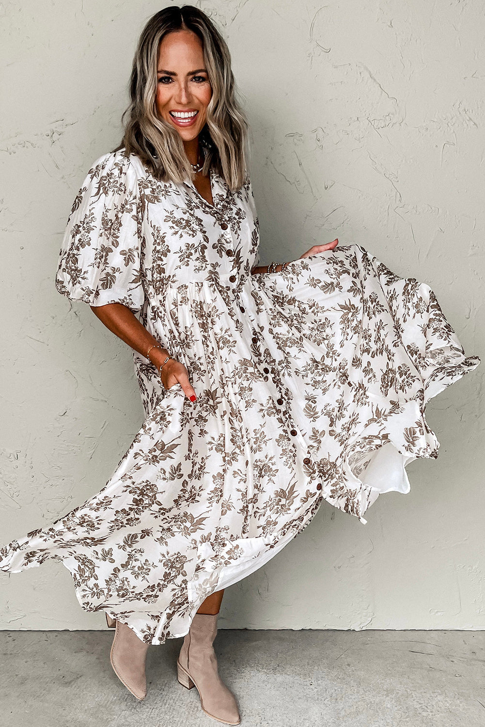 Khaki Floral Puff Sleeve V Neck Buttoned Front Maxi Dress eAura