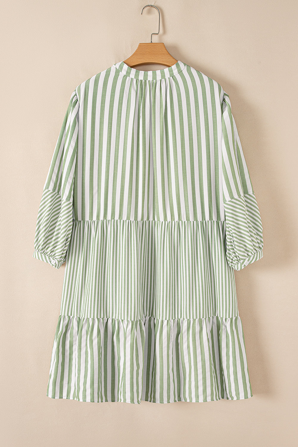 Green Stripe Bracelet Sleeve Tasseled Tied Neck Tiered Plus Size Mini Dress BB Fashion Outlet