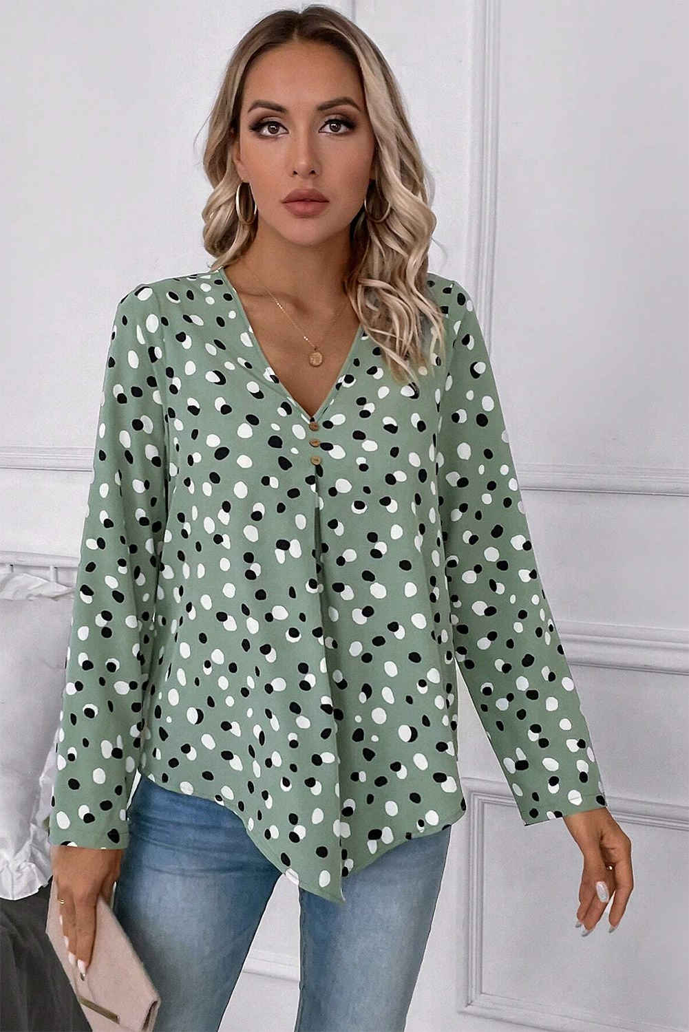 Green Dotted Print Button Front V-Neck Blouse