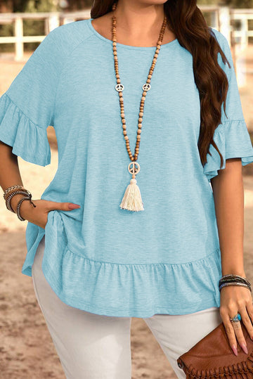 Ruffled Short Sleeve Plus Size Casual Blouse – Light Blue