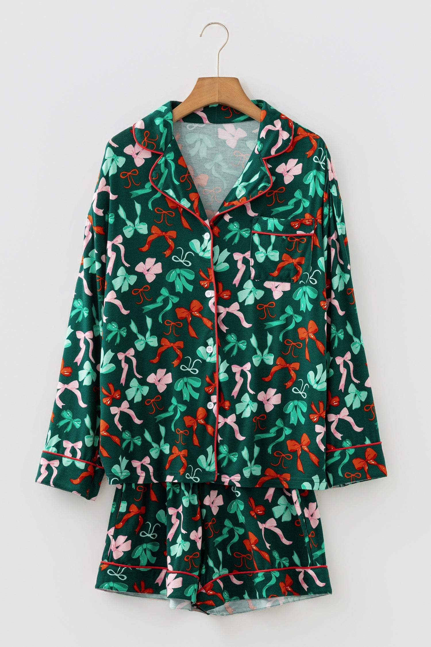 Festive Bow Print Long Sleeve Shirt and Pyjama Short Set - Loungewear & Sleepwear/Pyjama Shorts