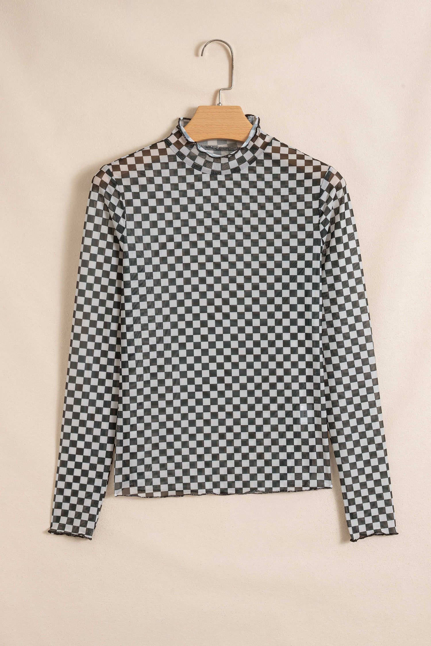 Plaid Stand Neck Long Sleeve Mesh Top – Black